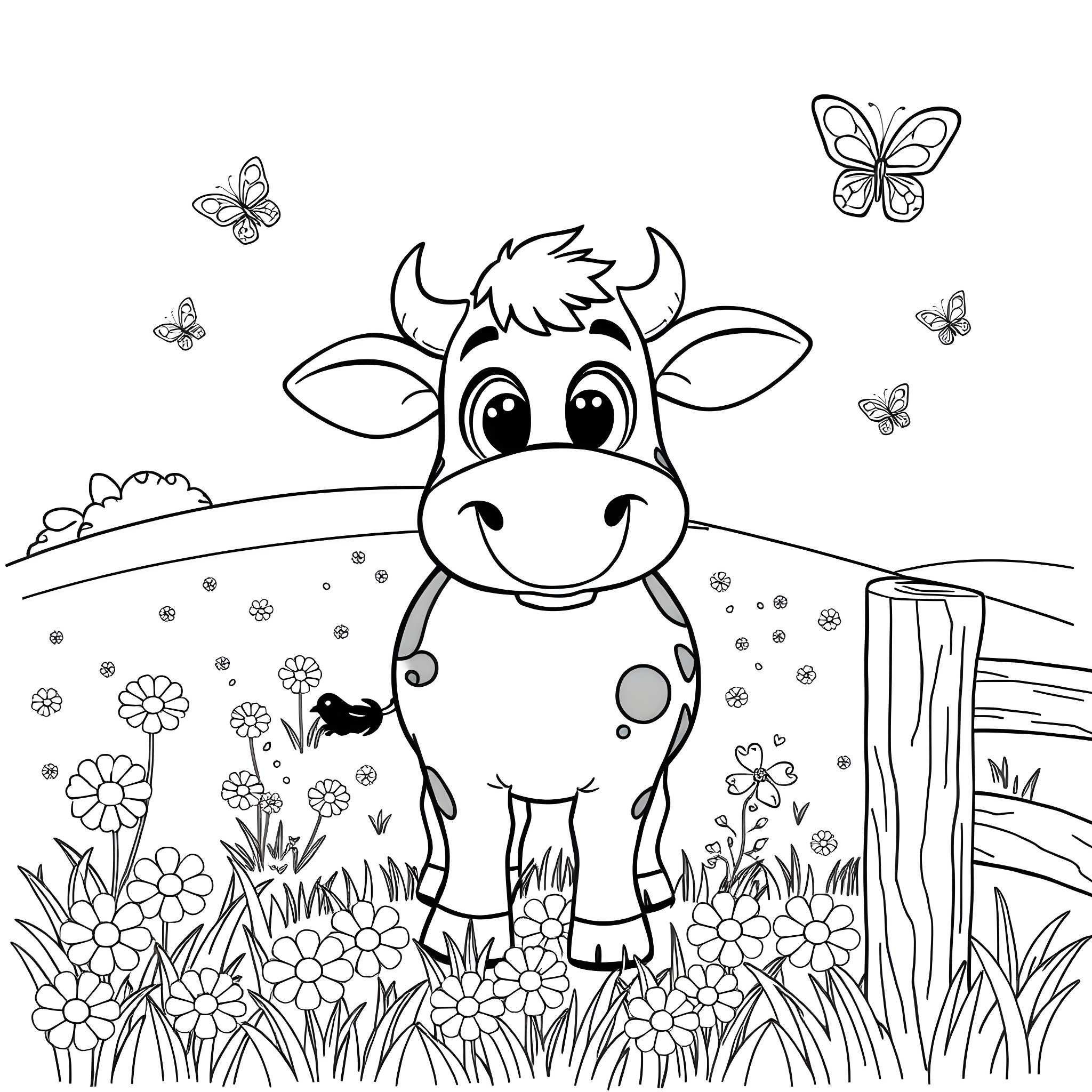 Cow in a Flowery Field with Butterflies Coloring Page (free black-and-white line drawing printable PDF for all, from beginners to advanced learners, including children, teens, adults, and seniors)