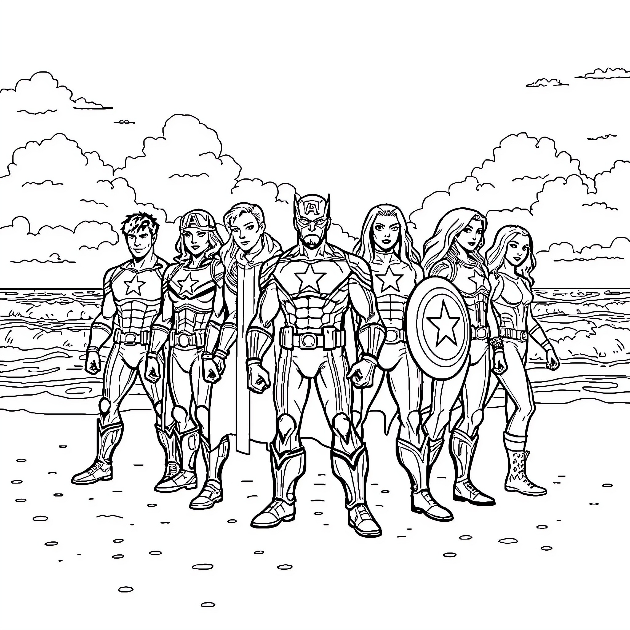 Avenger heroes assembling on the beach Coloring Page (free black-and-white line drawing printable PDF for all, from beginners to advanced learners, including children, teens, adults, and seniors)