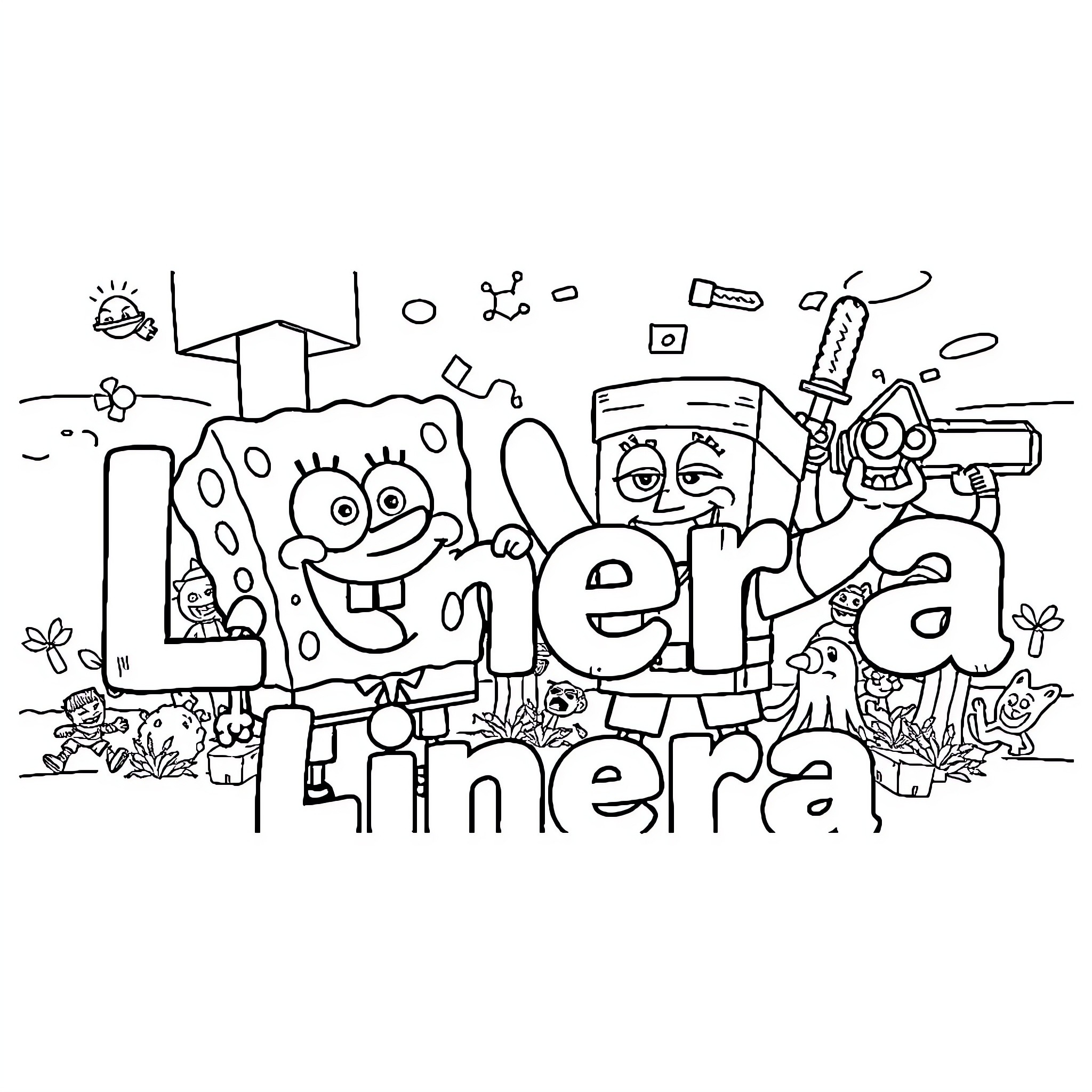 Spongebob in a Funny and Playful Scene Coloring Page (free black-and-white line drawing printable PDF for all, from beginners to advanced learners, including children, teens, adults, and seniors)