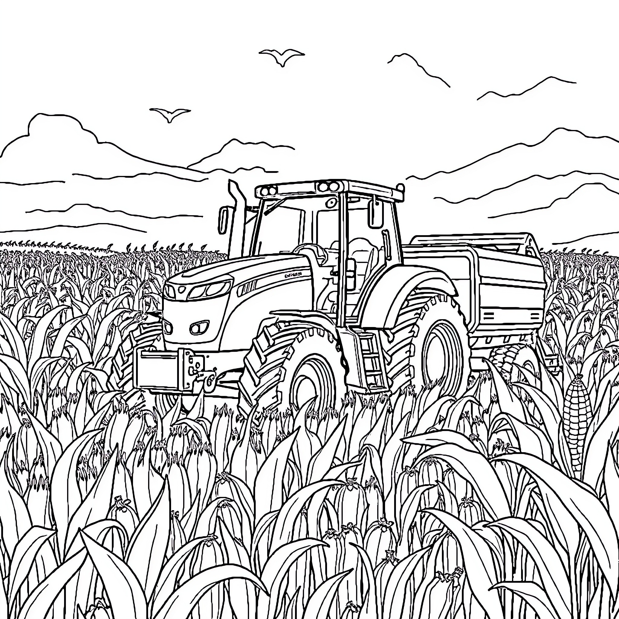Tractor plowing through lush farmland landscape Coloring Page (free black-and-white line drawing printable PDF for all, from beginners to advanced learners, including children, teens, adults, and seniors)