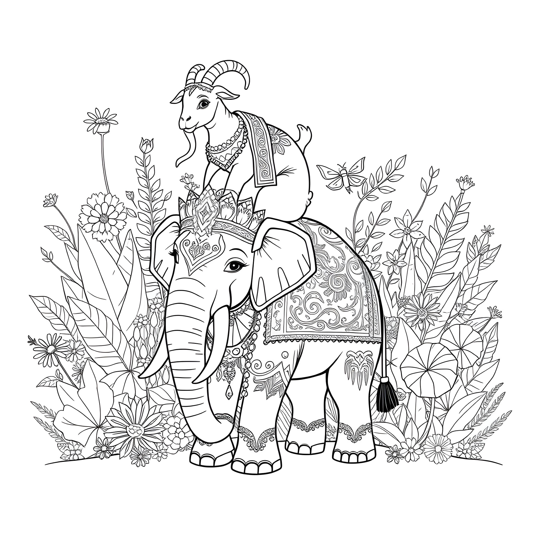 Goat and Elephant in Enchanted Floral Garden Coloring Page (free black-and-white line drawing printable PDF for all, from beginners to advanced learners, including children, teens, adults, and seniors)