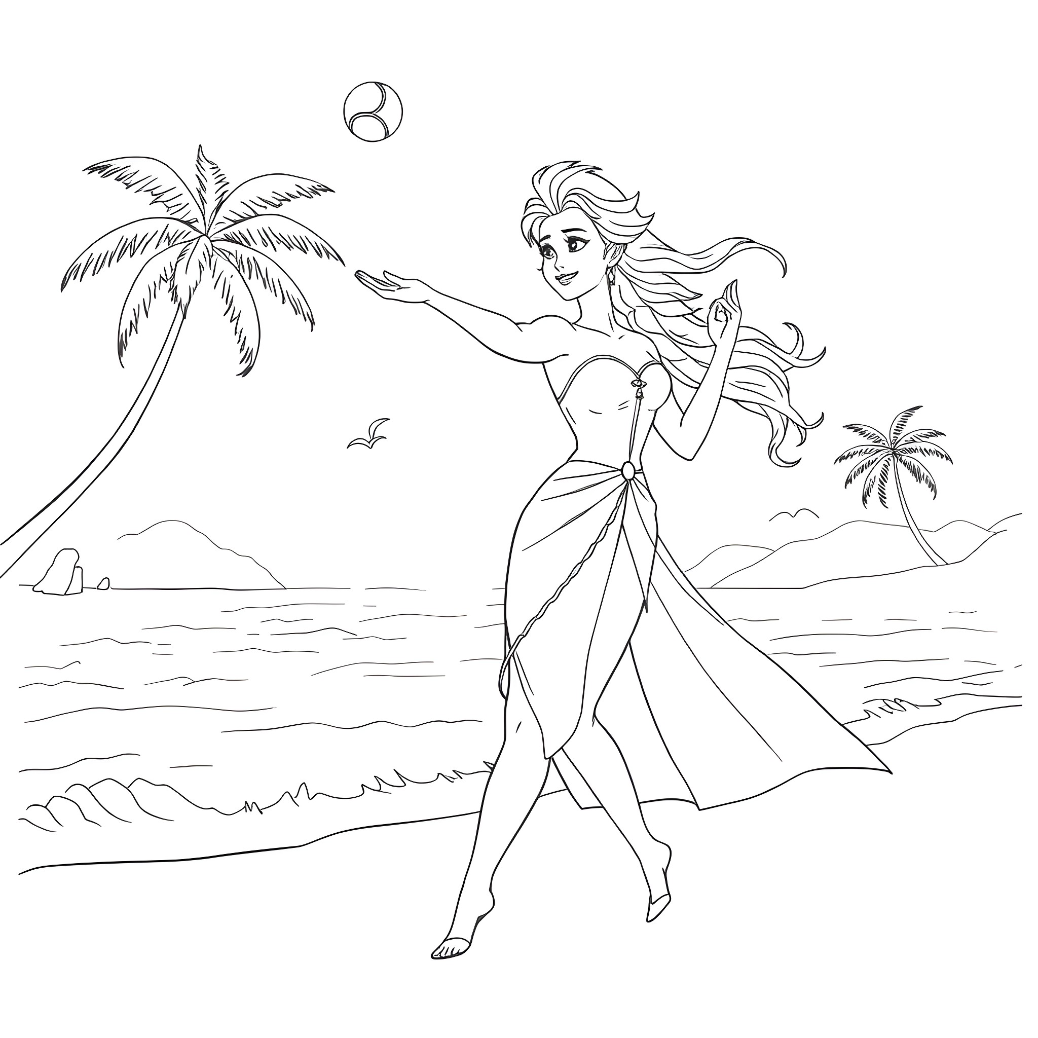 Elsa's Tropical Adventure Coloring Page (free black-and-white line drawing printable PDF for all, from beginners to advanced learners, including children, teens, adults, and seniors)
