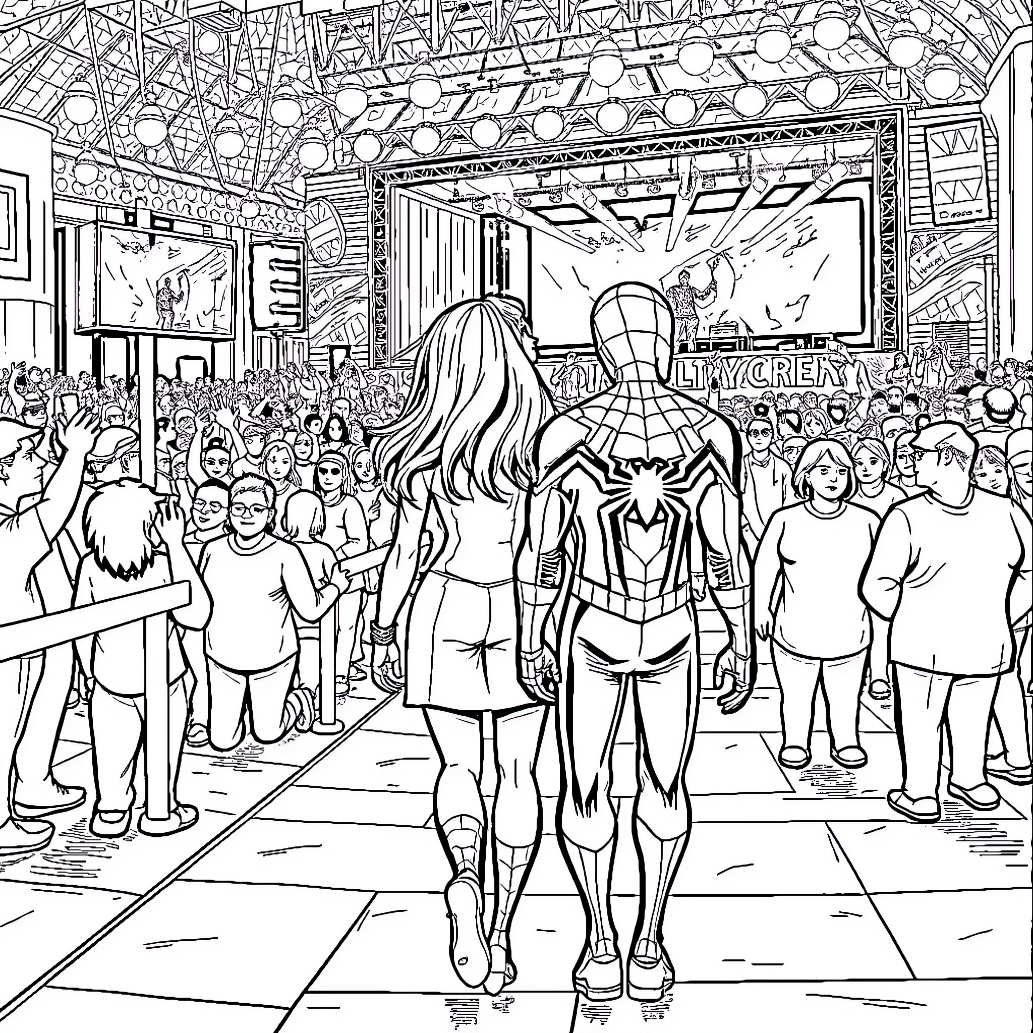 Spiderman navigating a crowded convention center Coloring Page (free black-and-white line drawing printable PDF for all, from beginners to advanced learners, including children, teens, adults, and seniors)