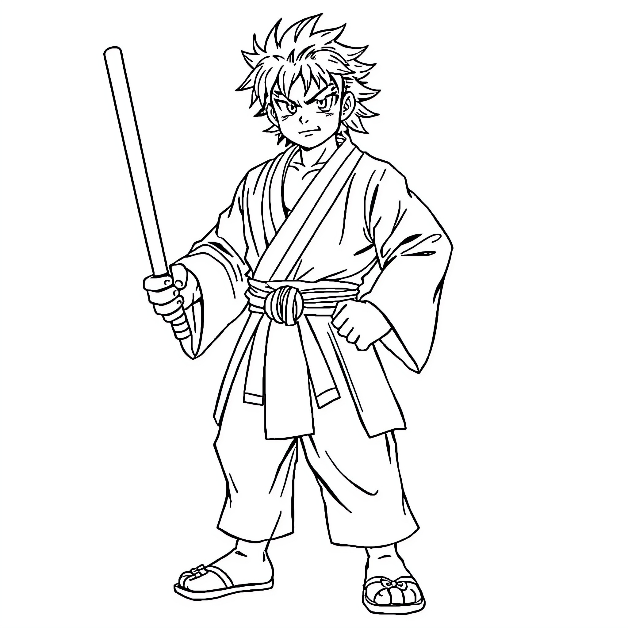 Broly in martial arts attire with sword Coloring Page (free black-and-white line drawing printable PDF for all, from beginners to advanced learners, including children, teens, adults, and seniors)
