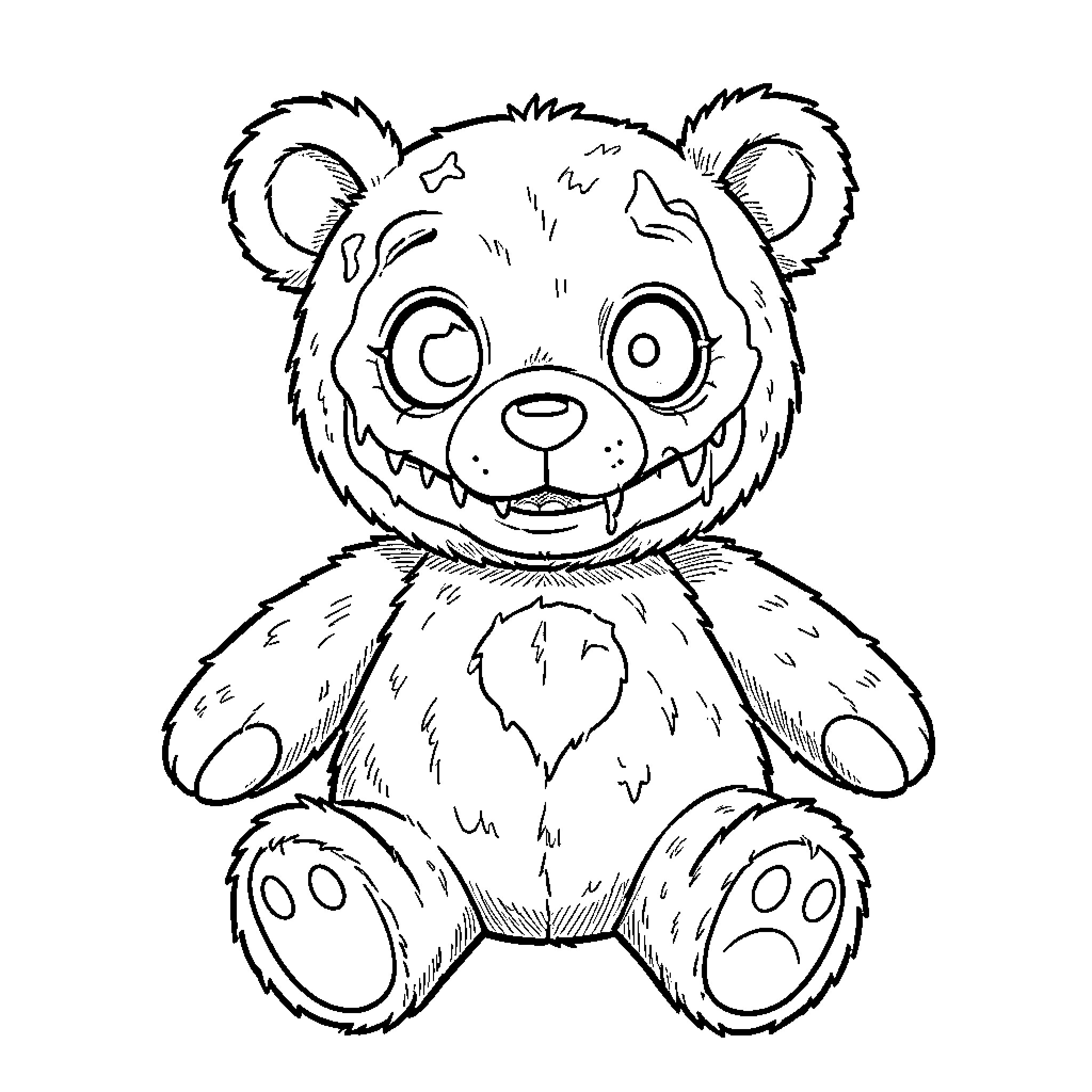 Horror Plush Bear with Creepy Expression Coloring Page (free black-and-white line drawing printable PDF for all, from beginners to advanced learners, including children, teens, adults, and seniors)