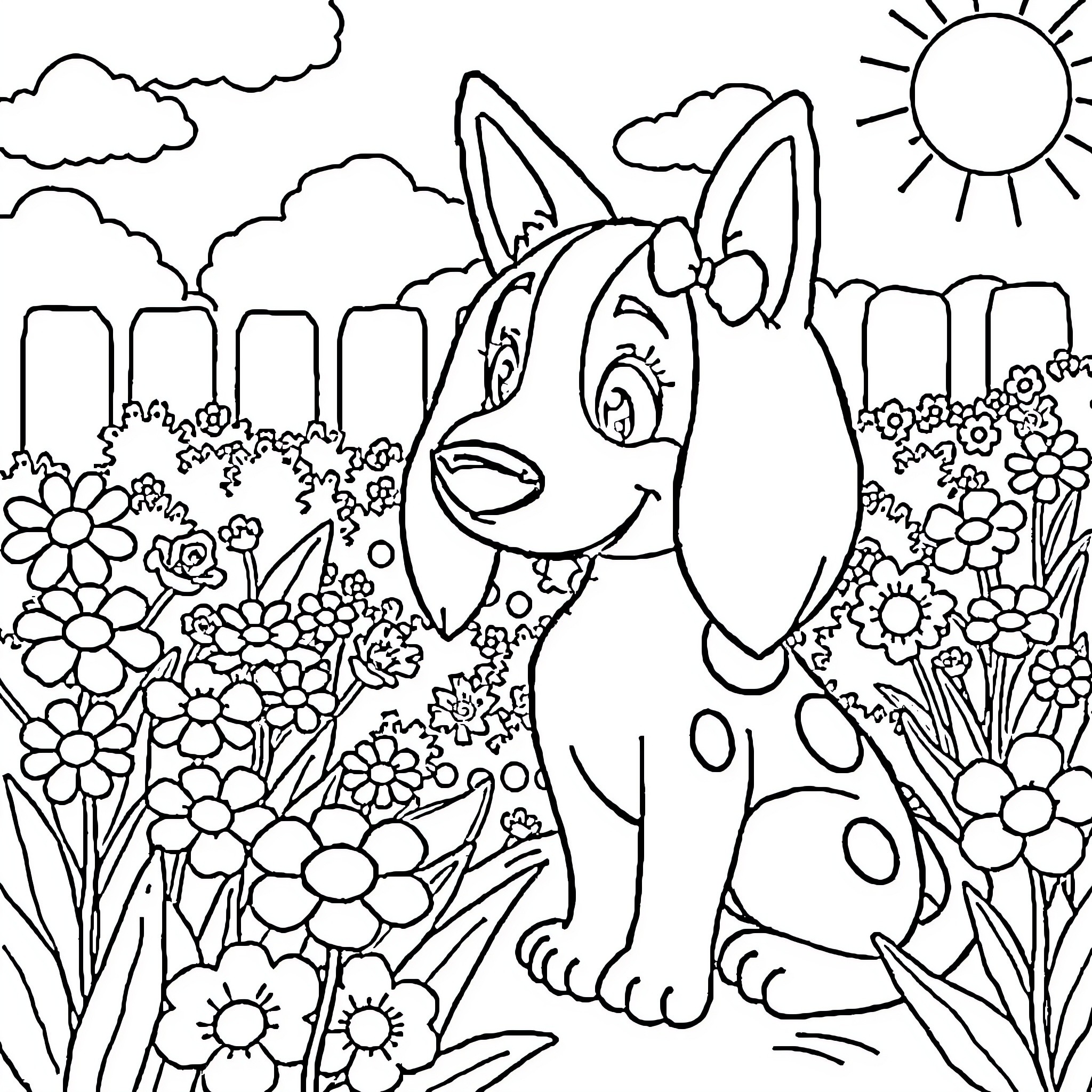 Bassie the Cheerful Puppy in a Floral Meadow Coloring Page (free black-and-white line drawing printable PDF for all, from beginners to advanced learners, including children, teens, adults, and seniors)