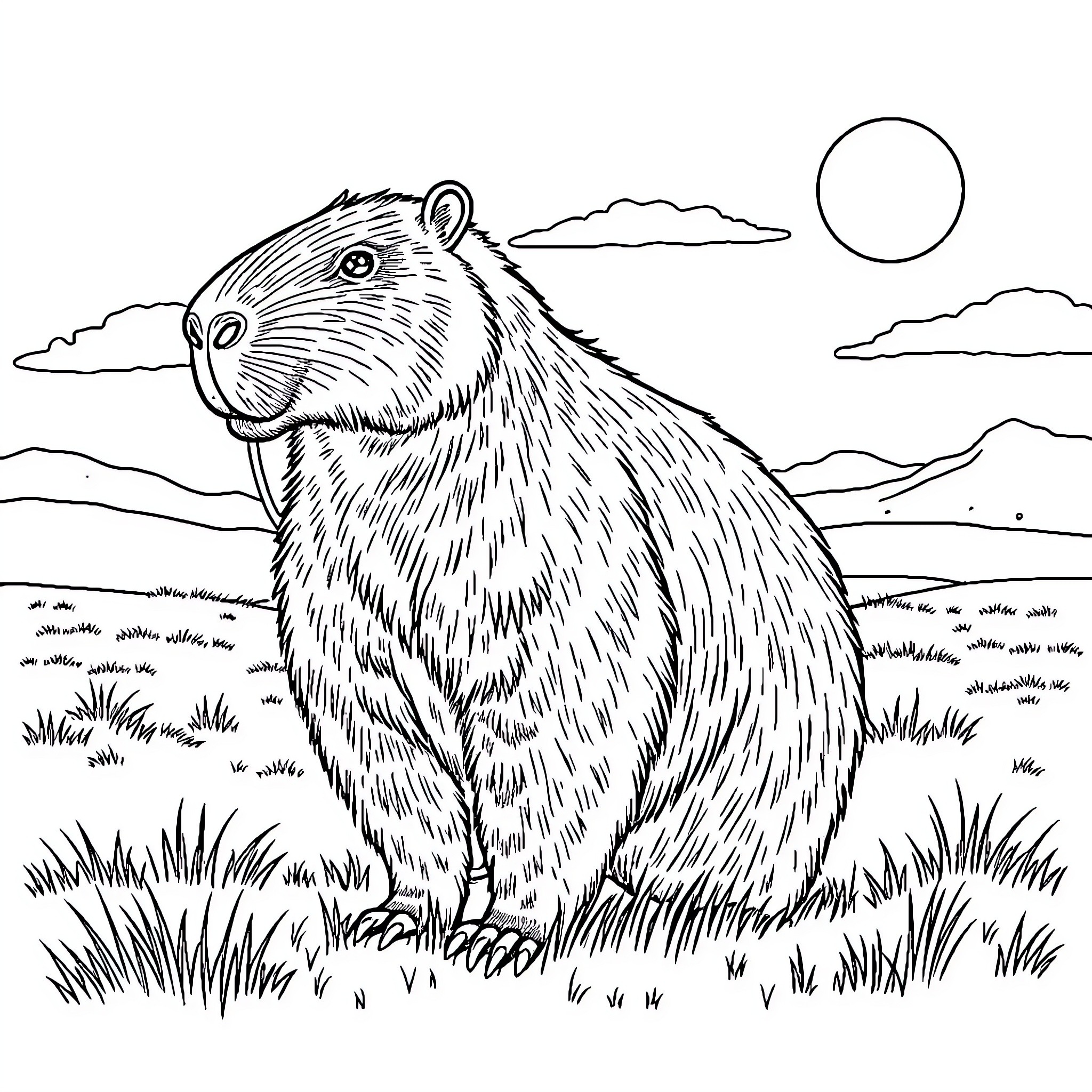 Capybara enjoying the natural landscape Coloring Page (free black-and-white line drawing printable PDF for all, from beginners to advanced learners, including children, teens, adults, and seniors)