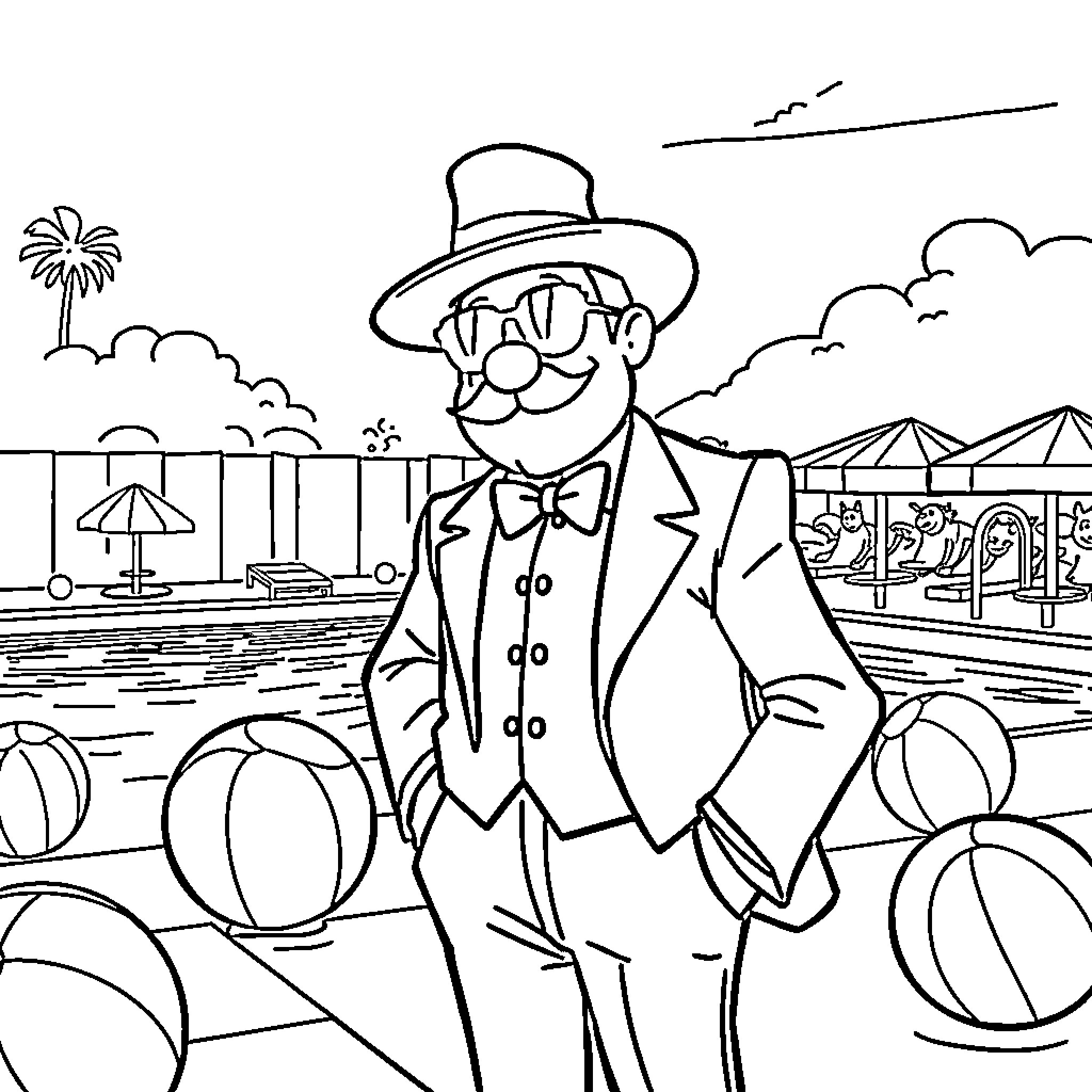 Man in suit and hat enjoying the carnival Coloring Page (free black-and-white line drawing printable PDF for all, from beginners to advanced learners, including children, teens, adults, and seniors)