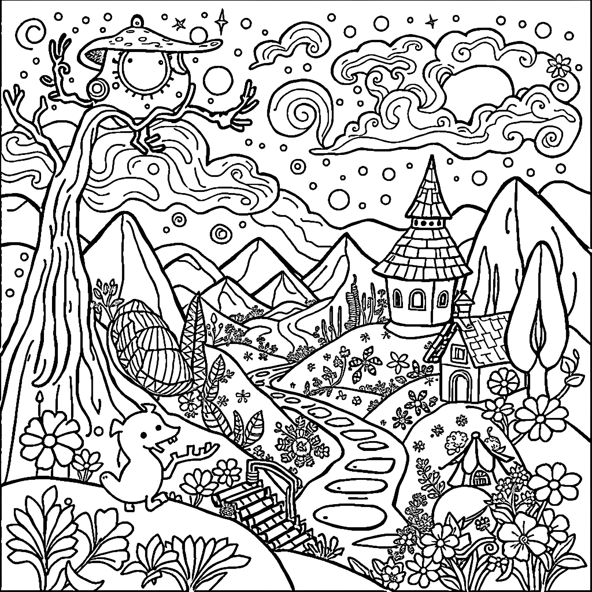 Dandy Fantastical Landscape with Whimsical Details Coloring Page (free black-and-white line drawing printable PDF for all, from beginners to advanced learners, including children, teens, adults, and seniors)