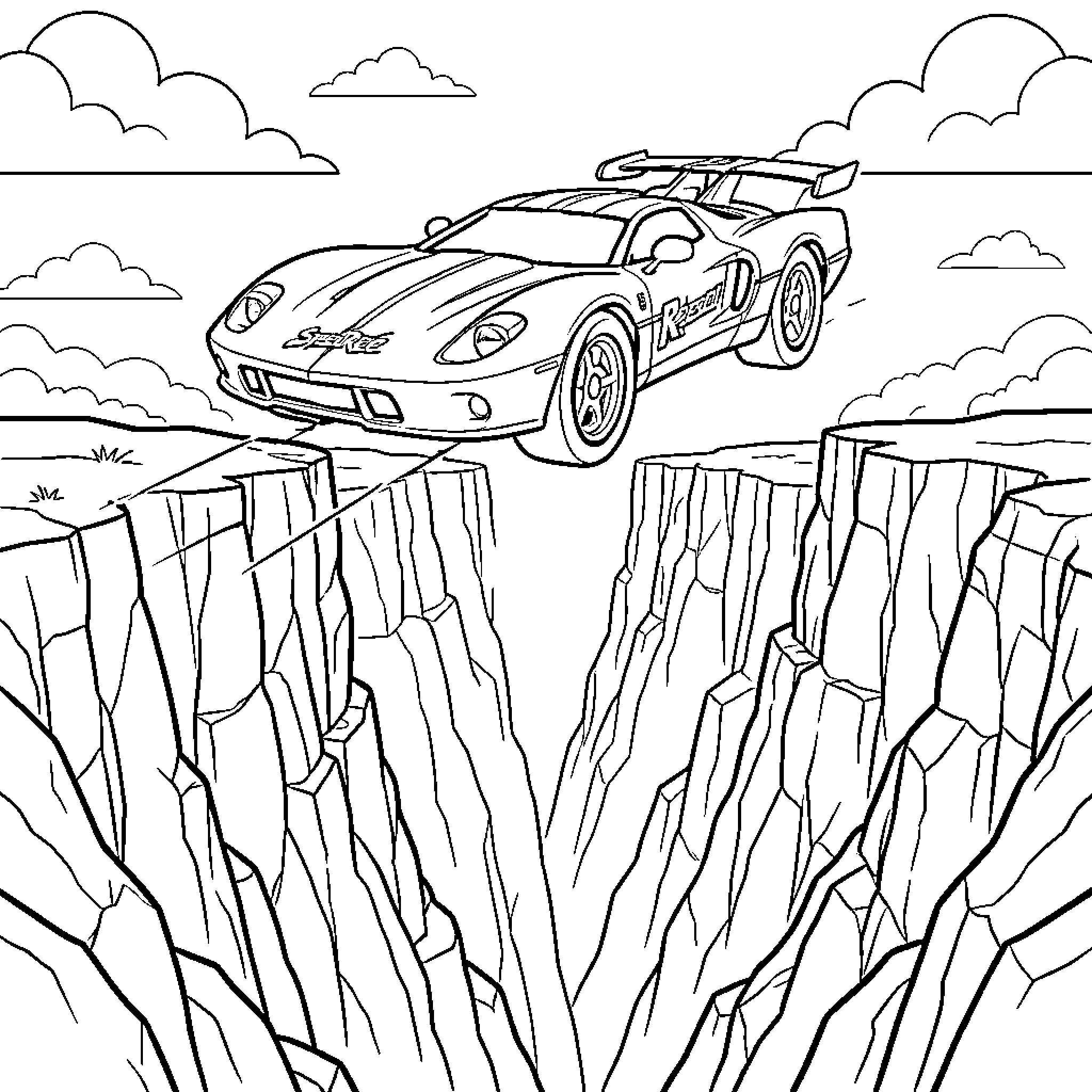 Mach 5 racing car jumping over a deep canyon Coloring Page (free black-and-white line drawing printable PDF for all, from beginners to advanced learners, including children, teens, adults, and seniors)