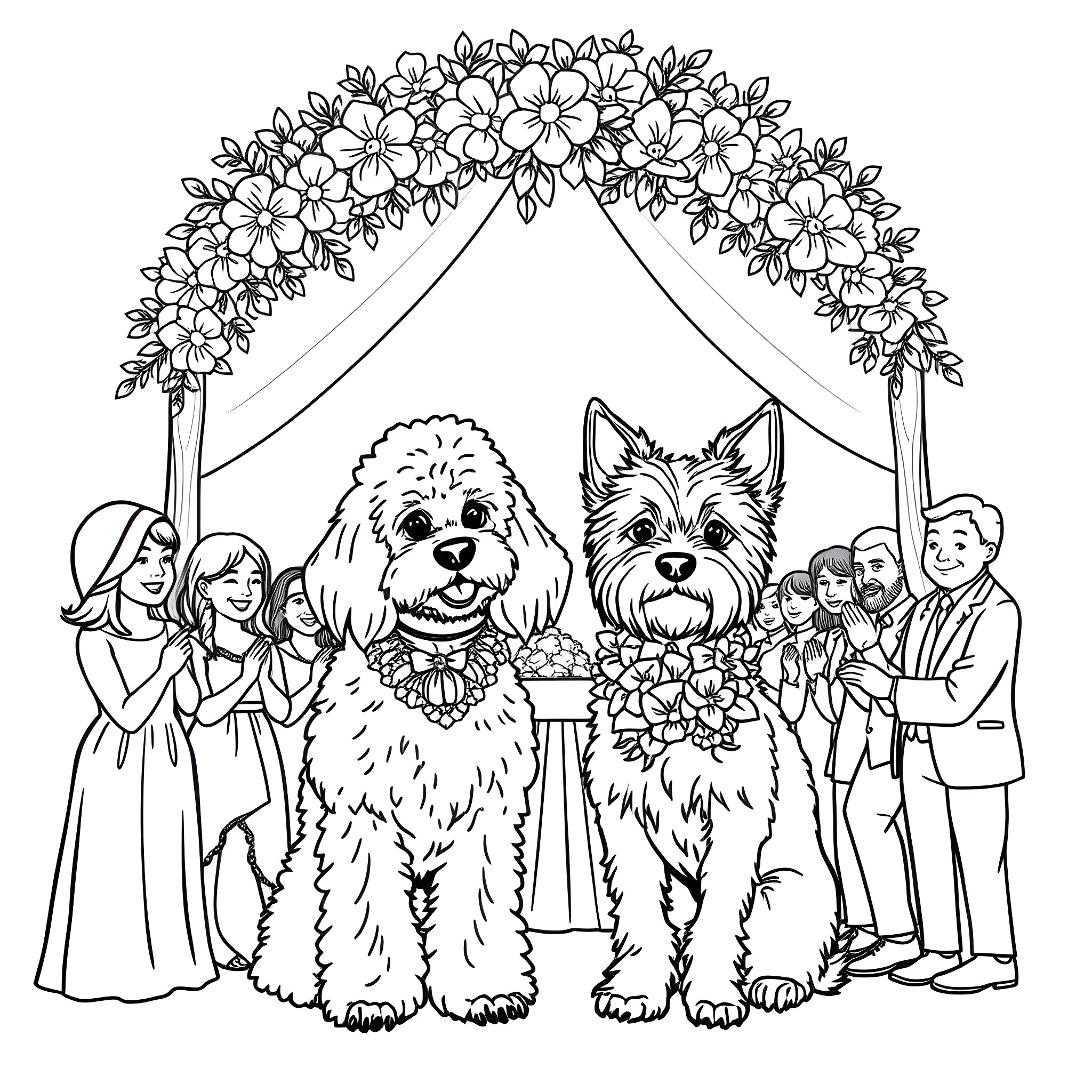 Dogs at a Floral Wedding Ceremony Coloring Page (free black-and-white line drawing printable PDF for all, from beginners to advanced learners, including children, teens, adults, and seniors)