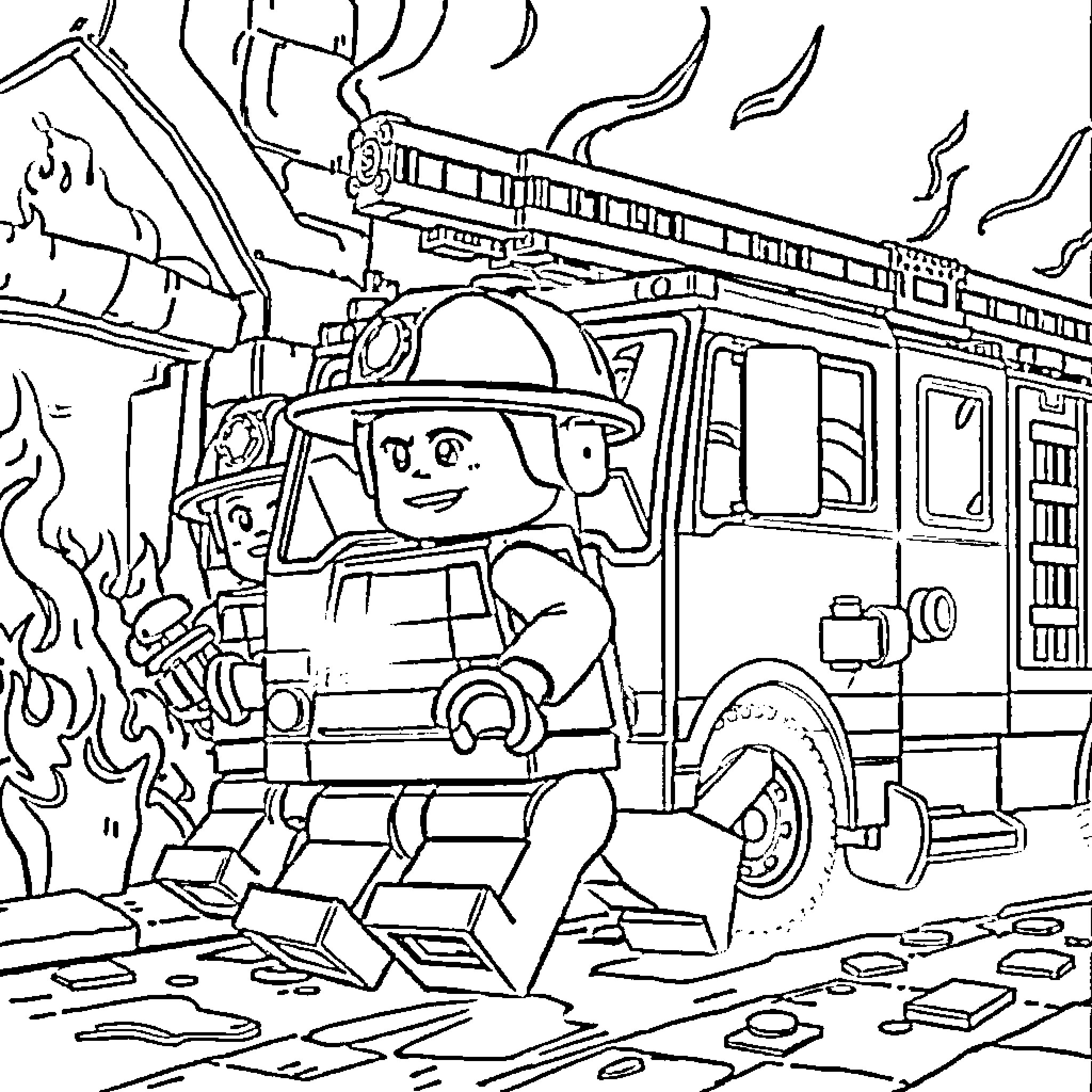 Lego Firefighter battling a blazing fire Coloring Page (free black-and-white line drawing printable PDF for all, from beginners to advanced learners, including children, teens, adults, and seniors)