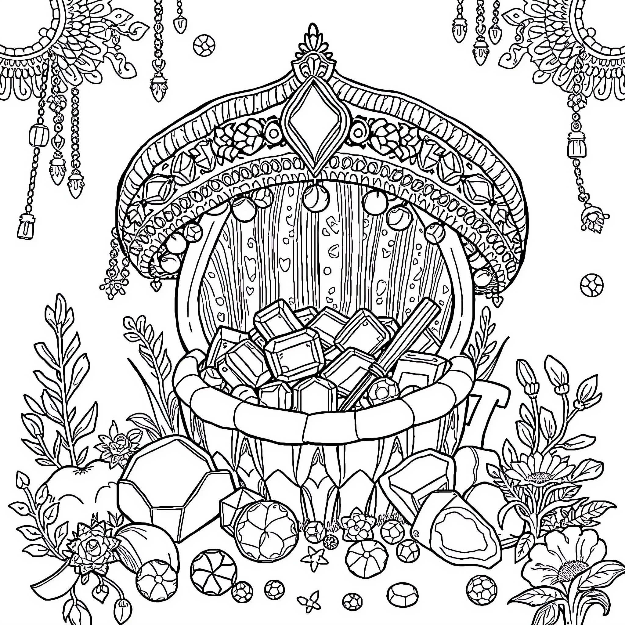 Vaïna's Magical Geode Garden Coloring Page (free black-and-white line drawing printable PDF for all, from beginners to advanced learners, including children, teens, adults, and seniors)