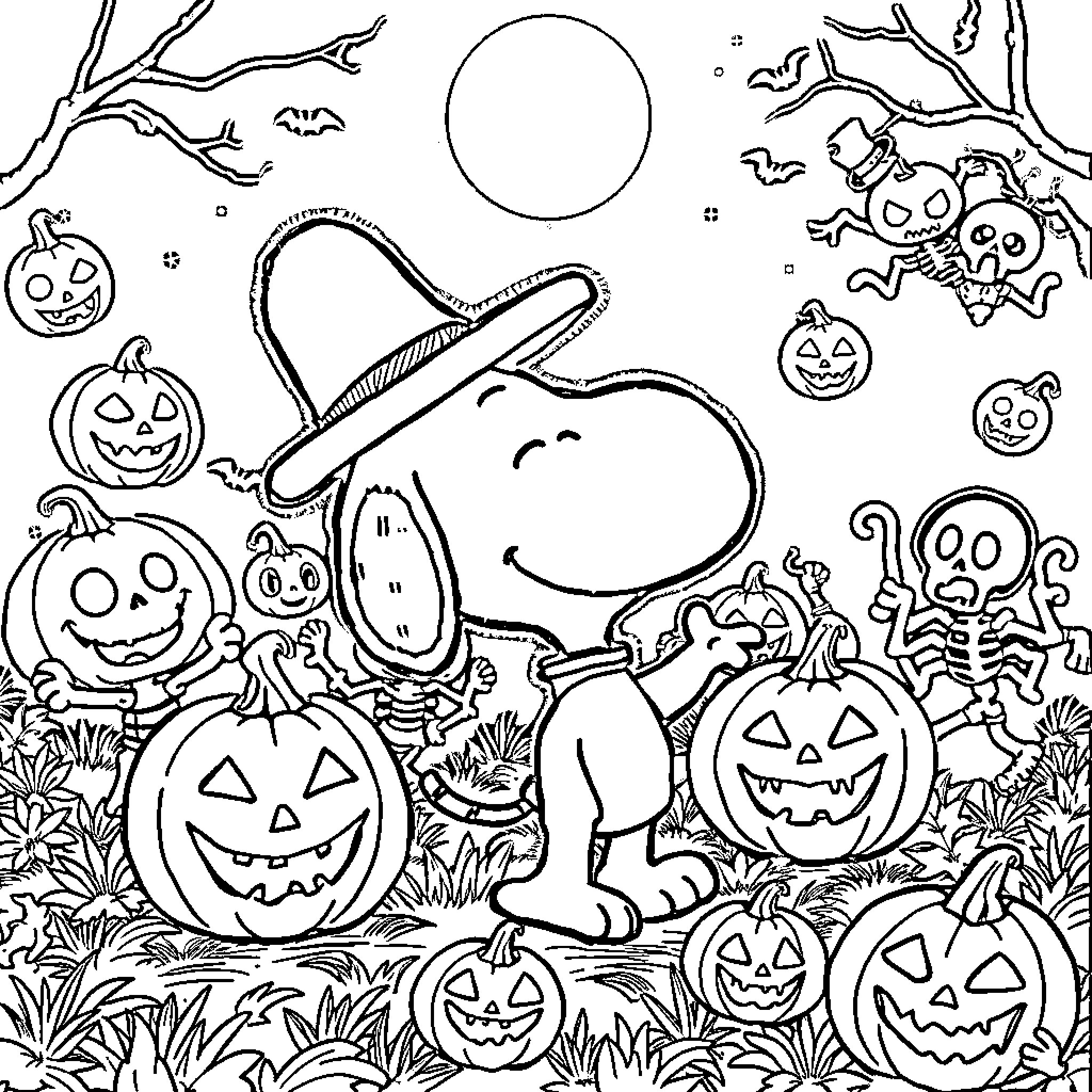 Snoopy's Spooky Halloween Adventure Coloring Page (free black-and-white line drawing printable PDF for all, from beginners to advanced learners, including children, teens, adults, and seniors)