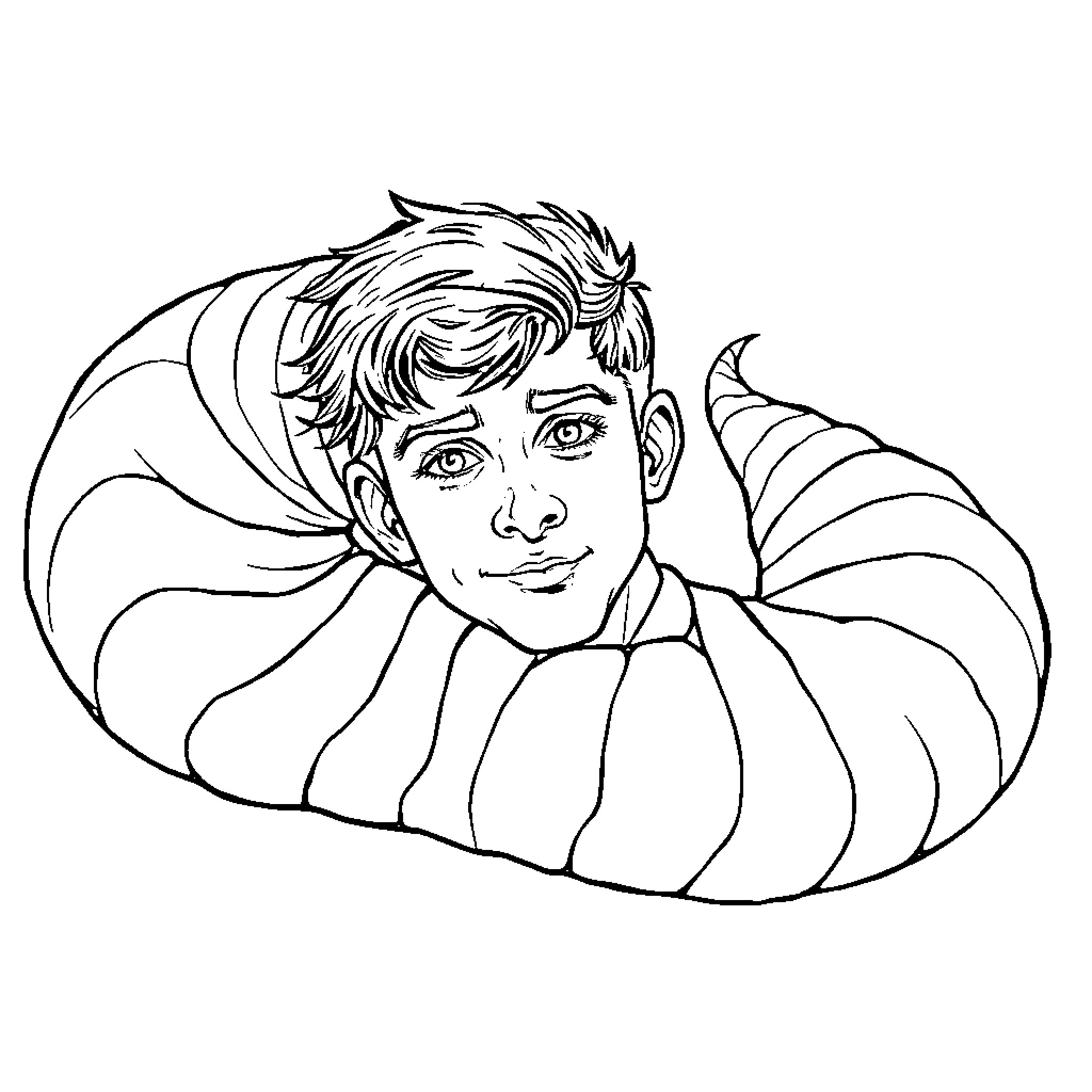 Worm-like Boy Relaxing in Striped Cocoon Coloring Page (free black-and-white line drawing printable PDF for all, from beginners to advanced learners, including children, teens, adults, and seniors)