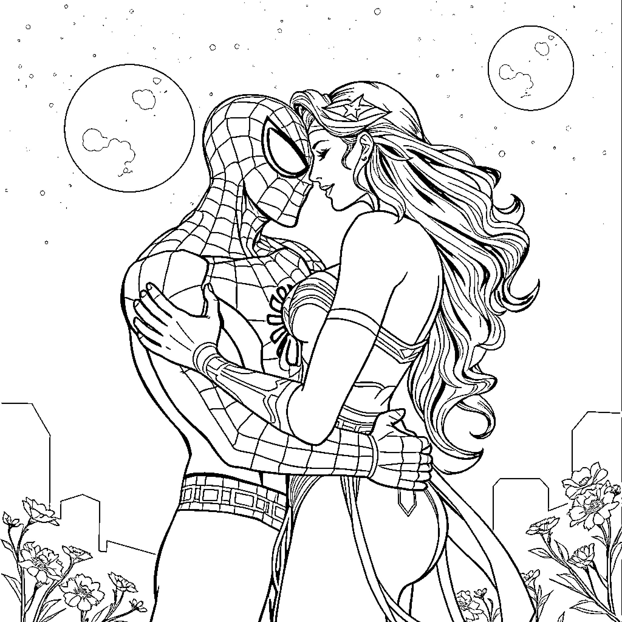 Spiderman embracing his partner in romantic night scene Coloring Page (free black-and-white line drawing printable PDF for all, from beginners to advanced learners, including children, teens, adults, and seniors)