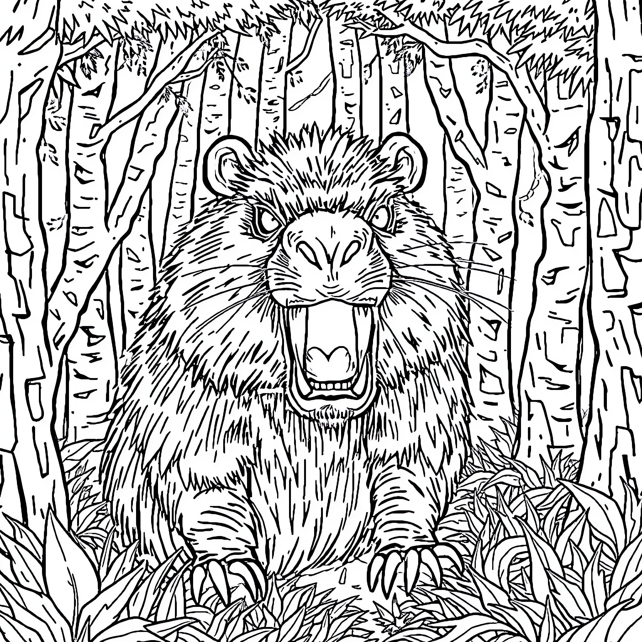 Capybara in a dense forest landscape Coloring Page (free black-and-white line drawing printable PDF for all, from beginners to advanced learners, including children, teens, adults, and seniors)