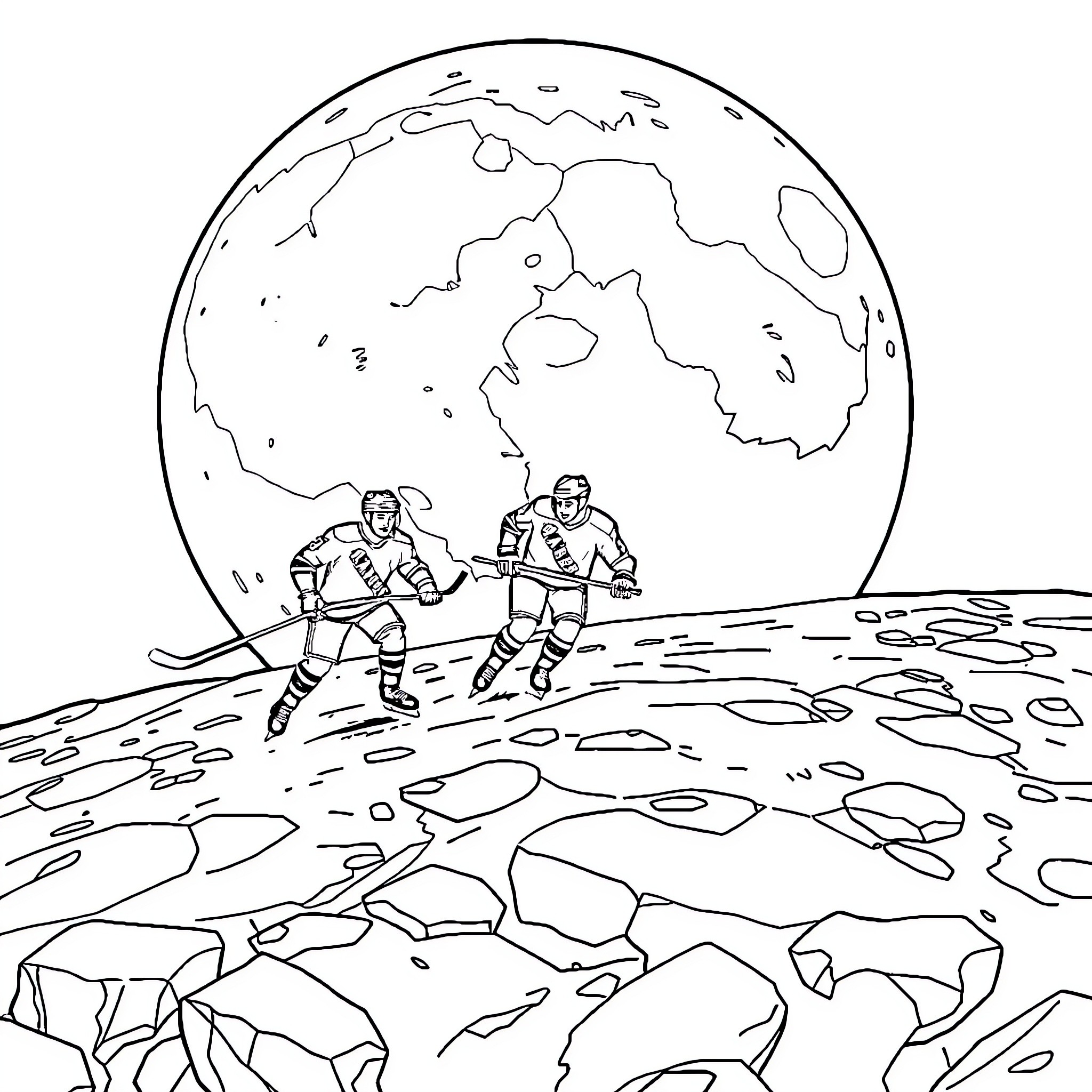 New York Rangers playing hockey on the ice under the stars Coloring Page (free black-and-white line drawing printable PDF for all, from beginners to advanced learners, including children, teens, adults, and seniors)