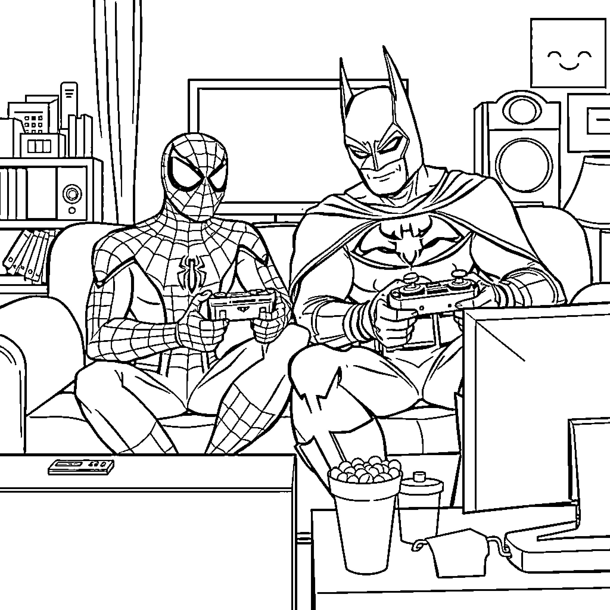 Spiderman and Batman teamup in their secret hideout Coloring Page (free black-and-white line drawing printable PDF for all, from beginners to advanced learners, including children, teens, adults, and seniors)