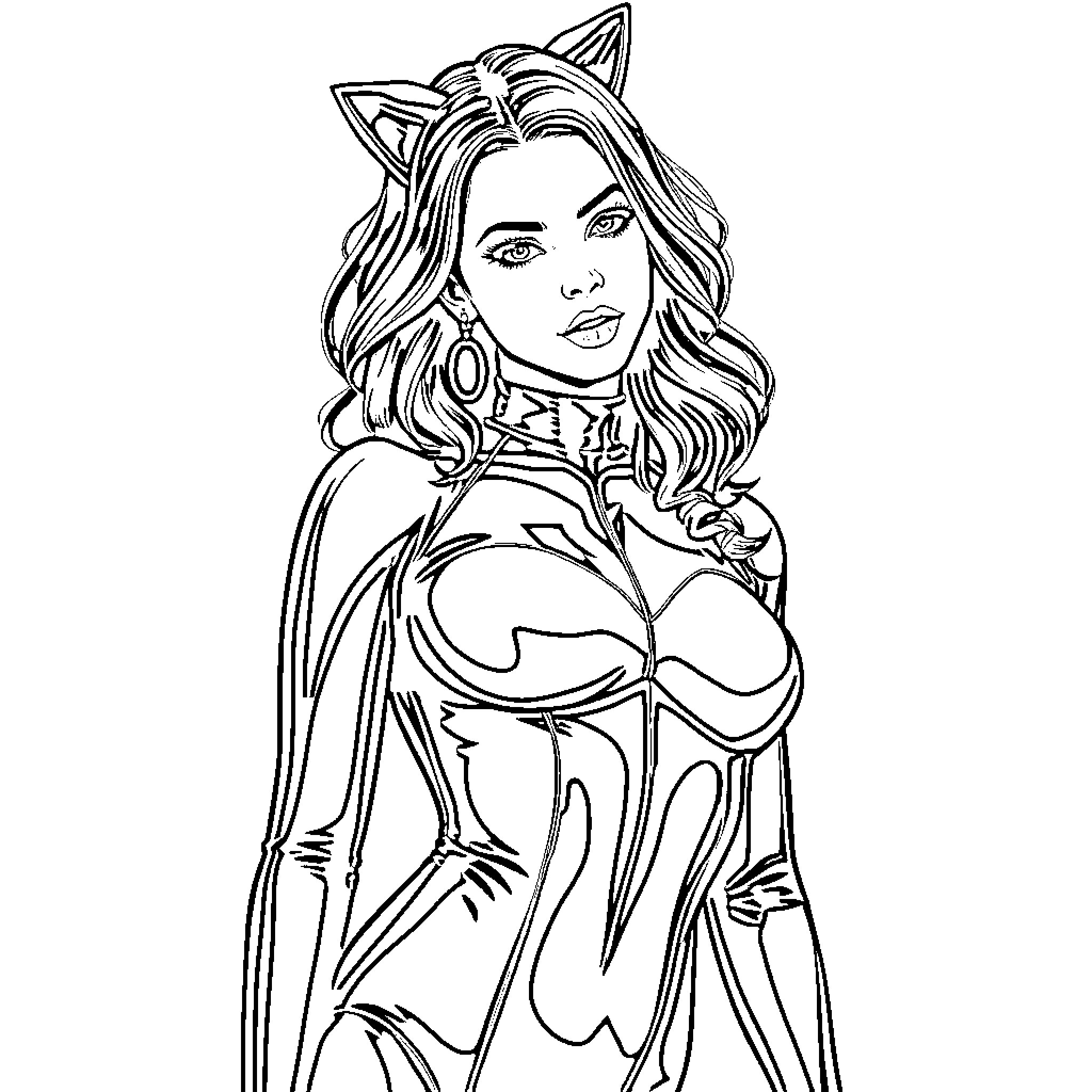 Jenna Ortega as a futuristic sci-fi heroine Coloring Page (free black-and-white line drawing printable PDF for all, from beginners to advanced learners, including children, teens, adults, and seniors)