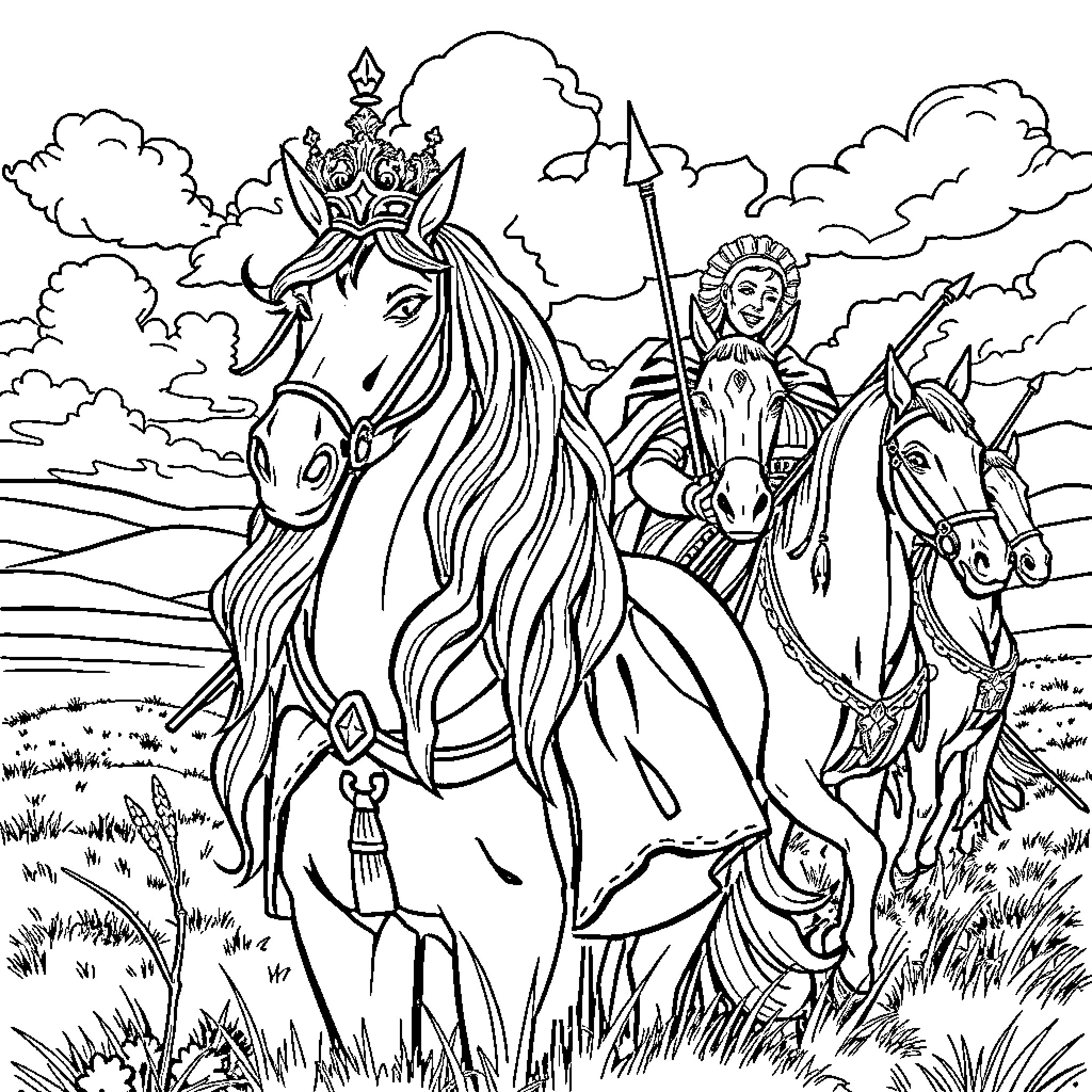 King and Queen Riding Horses in the Countryside Coloring Page (free black-and-white line drawing printable PDF for all, from beginners to advanced learners, including children, teens, adults, and seniors)