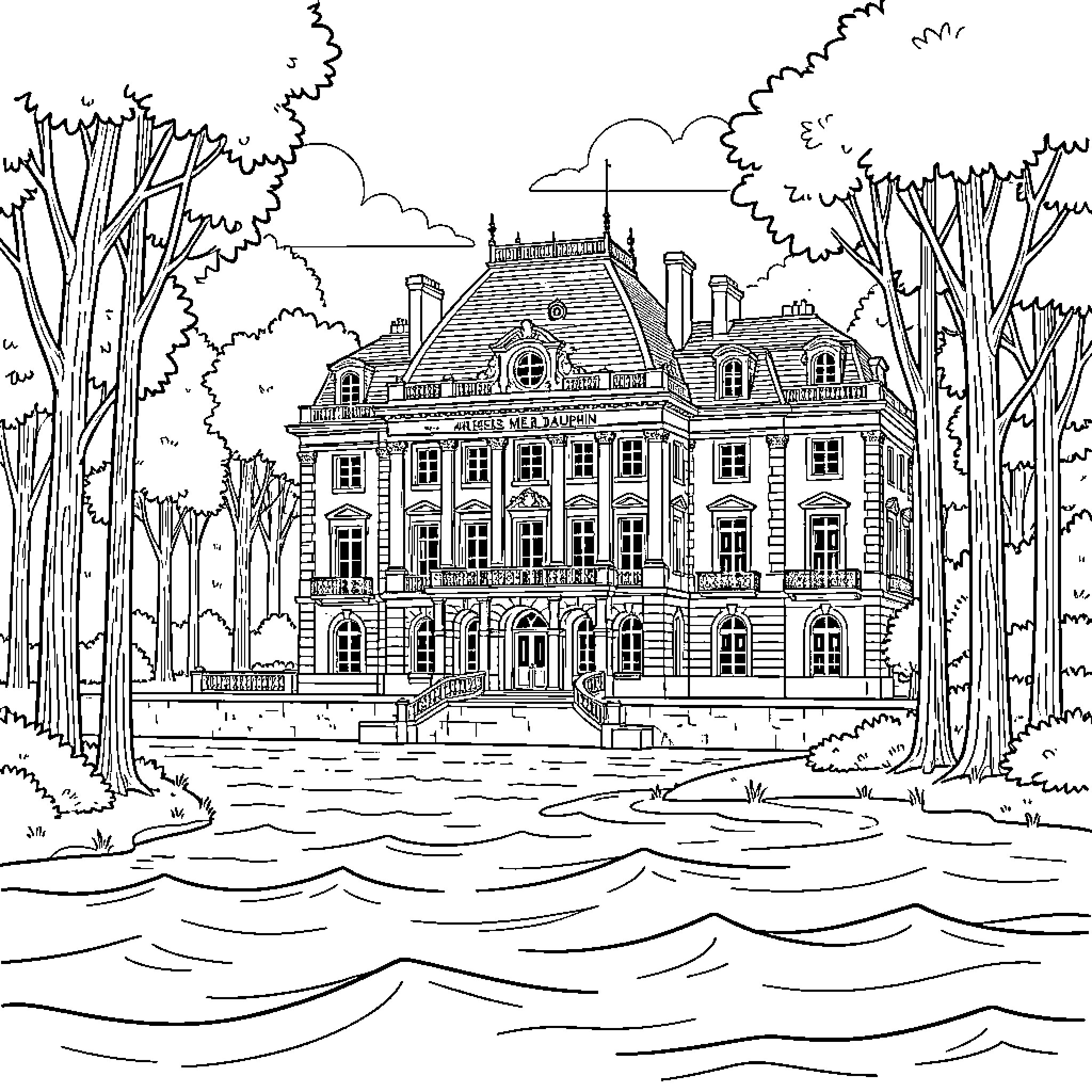 Princess standing before a grand palace by the river Coloring Page (free black-and-white line drawing printable PDF for all, from beginners to advanced learners, including children, teens, adults, and seniors)