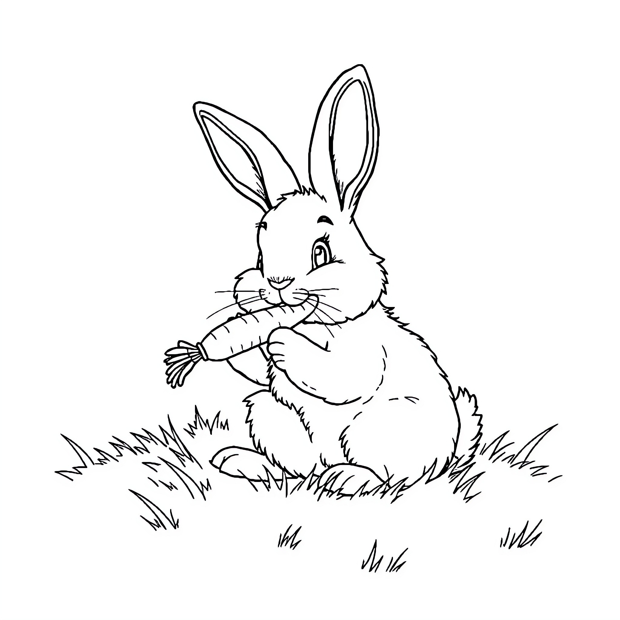 Rabbit in the meadow munching on carrots Coloring Page (free black-and-white line drawing printable PDF for all, from beginners to advanced learners, including children, teens, adults, and seniors)