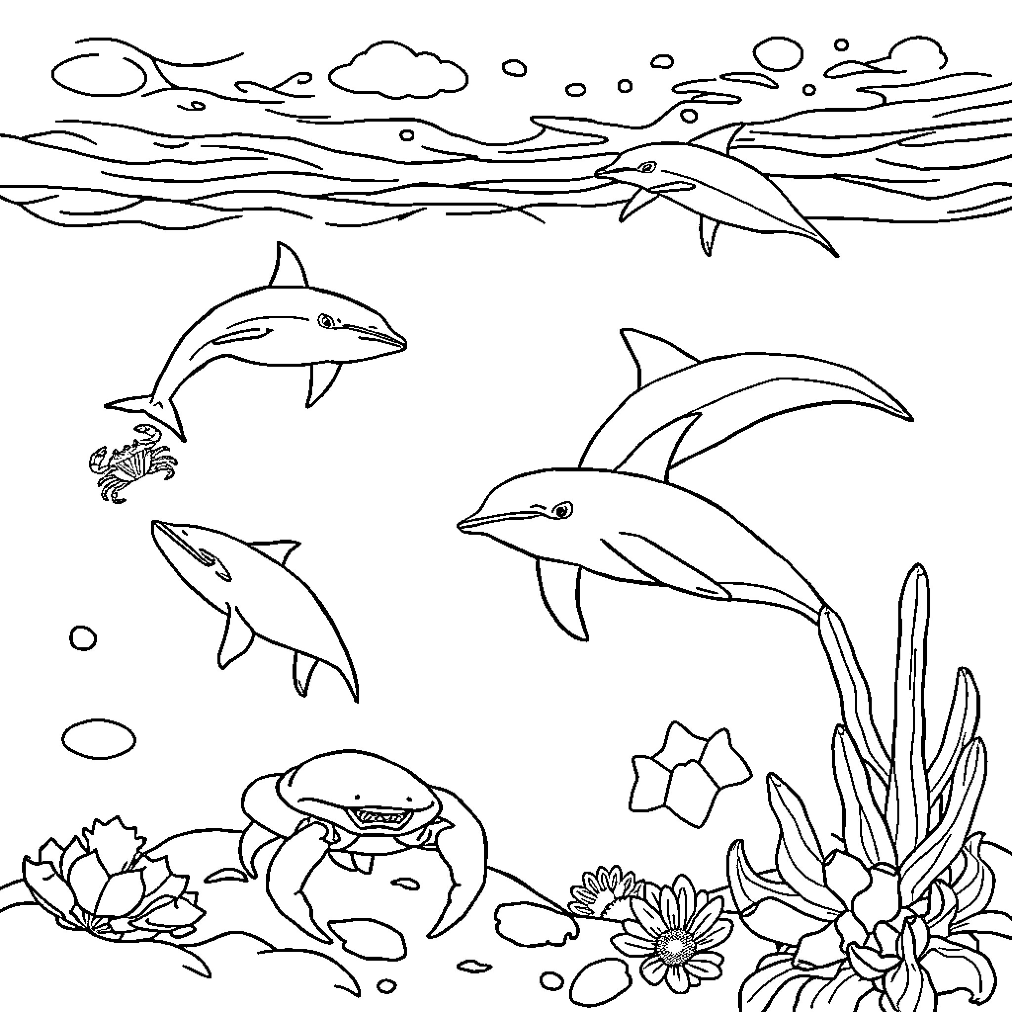 Sea Life Playful Dolphins and Marine Wildlife Coloring Page (free black-and-white line drawing printable PDF for all, from beginners to advanced learners, including children, teens, adults, and seniors)