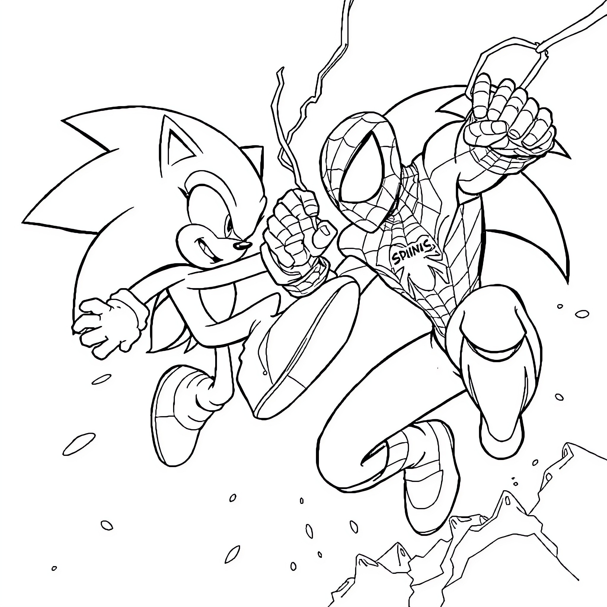 Sonic and Spider-Man in action-packed adventure Coloring Page (free black-and-white line drawing printable PDF for all, from beginners to advanced learners, including children, teens, adults, and seniors)