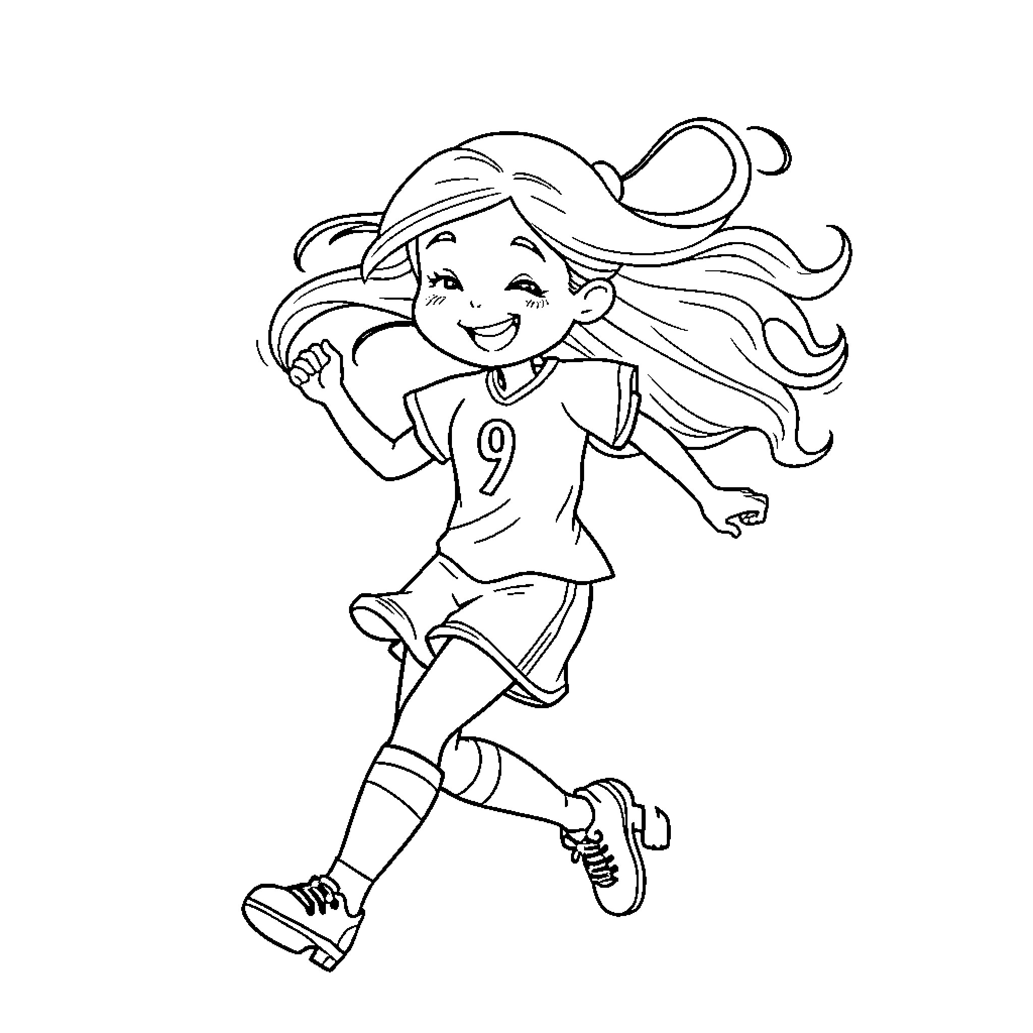 Girl in sports uniform running joyfully Coloring Page (free black-and-white line drawing printable PDF for all, from beginners to advanced learners, including children, teens, adults, and seniors)