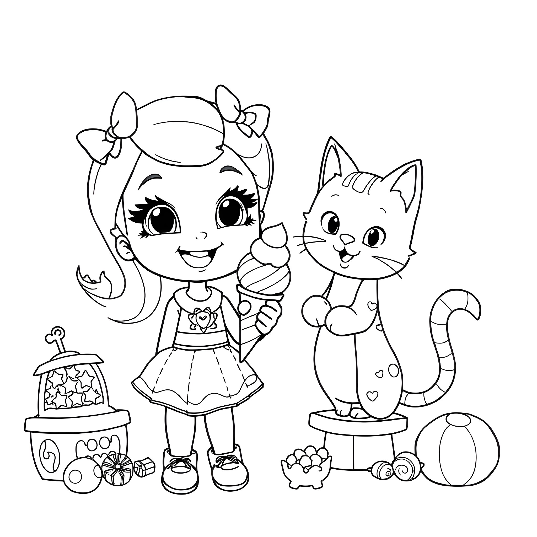 Gabby's Playtime with Kitty Coloring Page (free black-and-white line drawing printable PDF for all, from beginners to advanced learners, including children, teens, adults, and seniors)