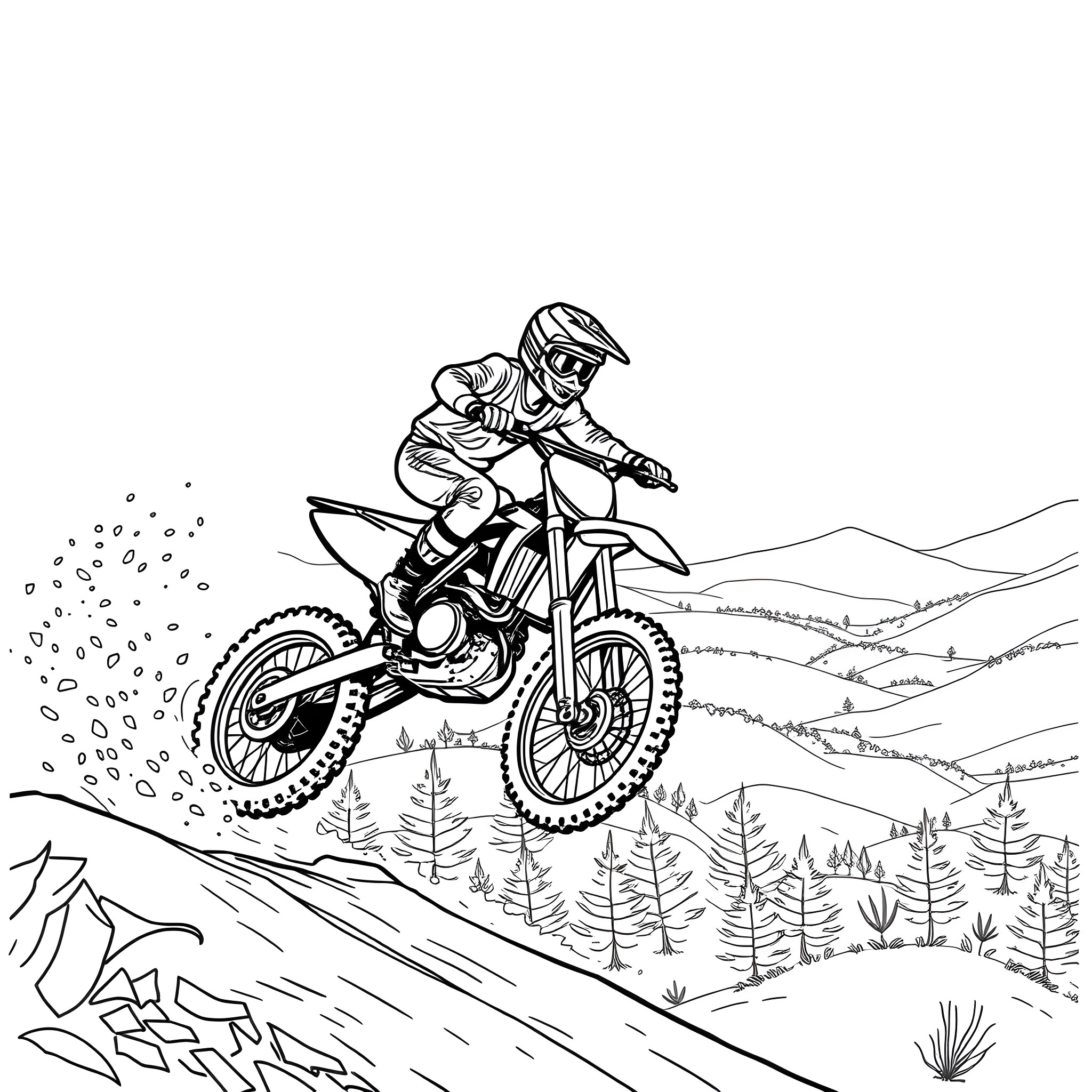 Dirtbike rider jumping over obstacles in the wilderness Coloring Page (free black-and-white line drawing printable PDF for all, from beginners to advanced learners, including children, teens, adults, and seniors)