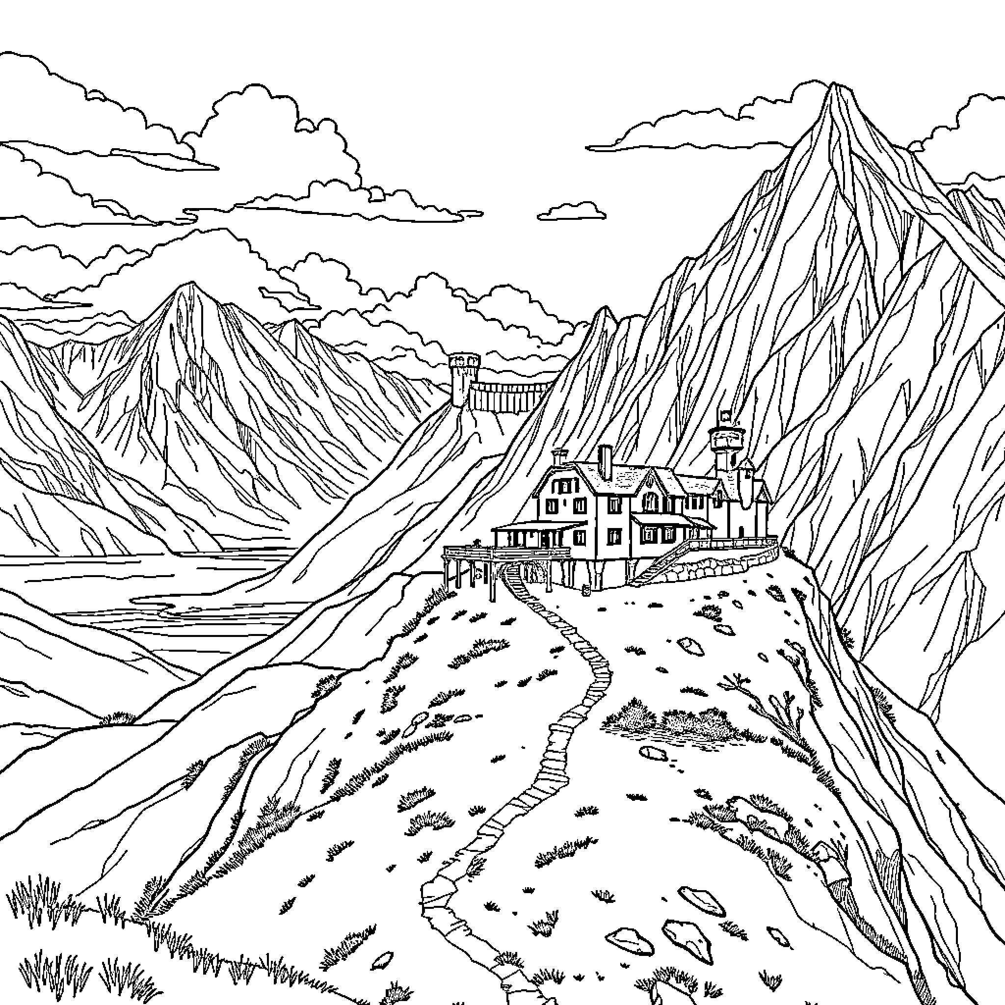 Inn in the Majestic Mountain Landscape Coloring Page (free black-and-white line drawing printable PDF for all, from beginners to advanced learners, including children, teens, adults, and seniors)
