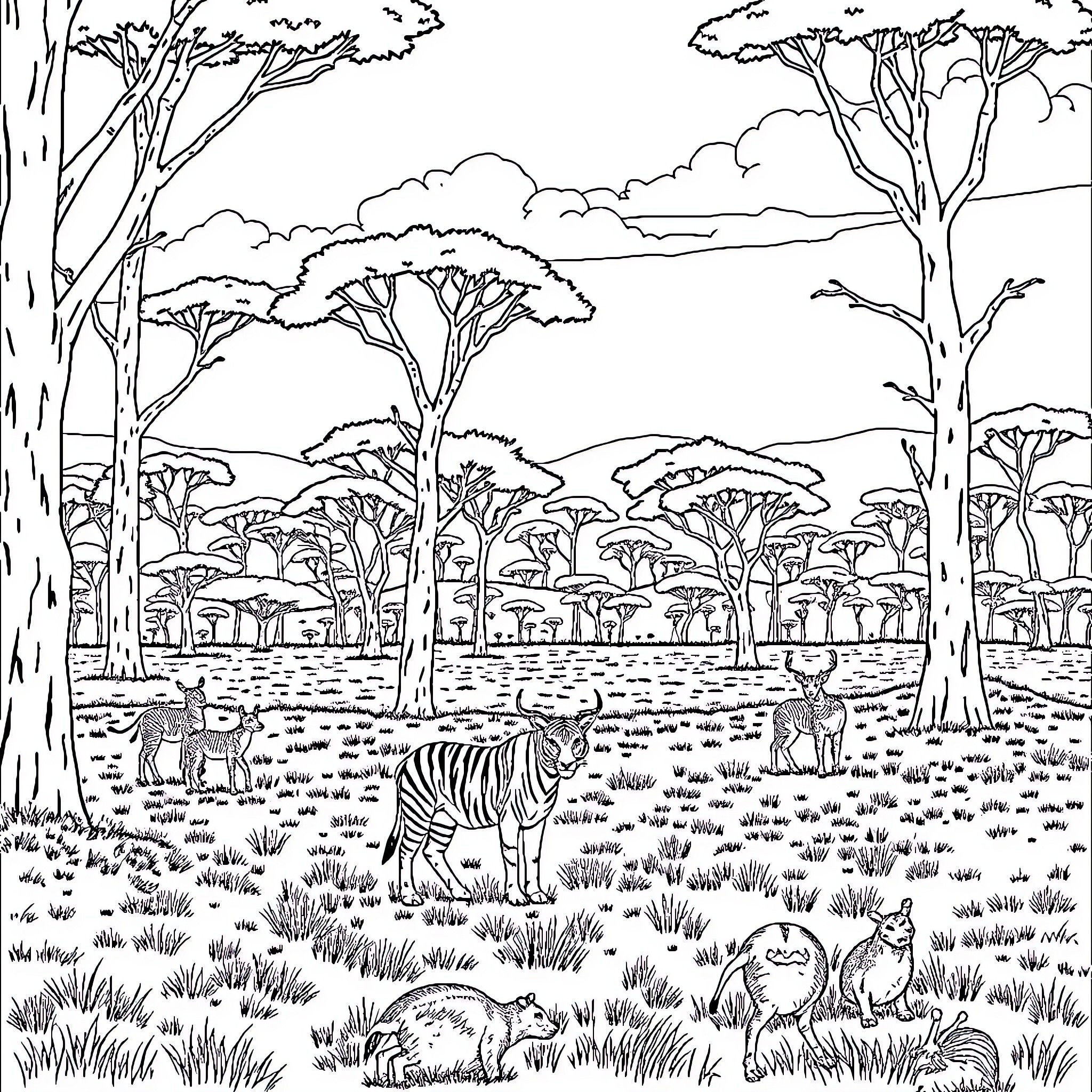 Kanha: Wildlife in a serene forest landscape Coloring Page (free black-and-white line drawing printable PDF for all, from beginners to advanced learners, including children, teens, adults, and seniors)