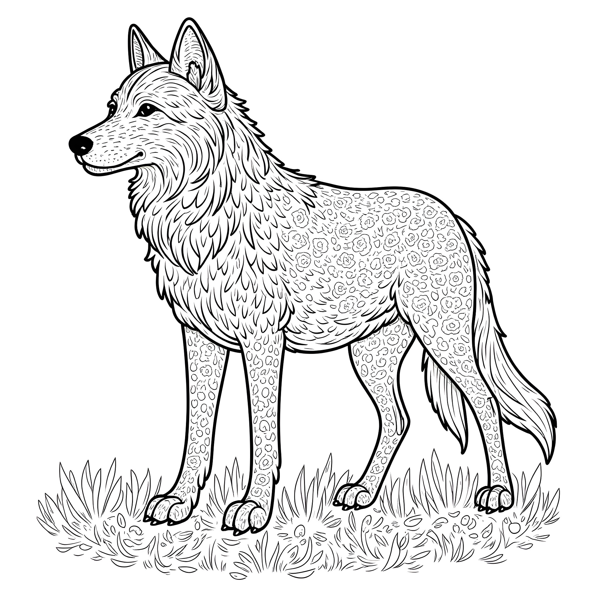Wolf standing alert in the wilderness Coloring Page (free black-and-white line drawing printable PDF for all, from beginners to advanced learners, including children, teens, adults, and seniors)