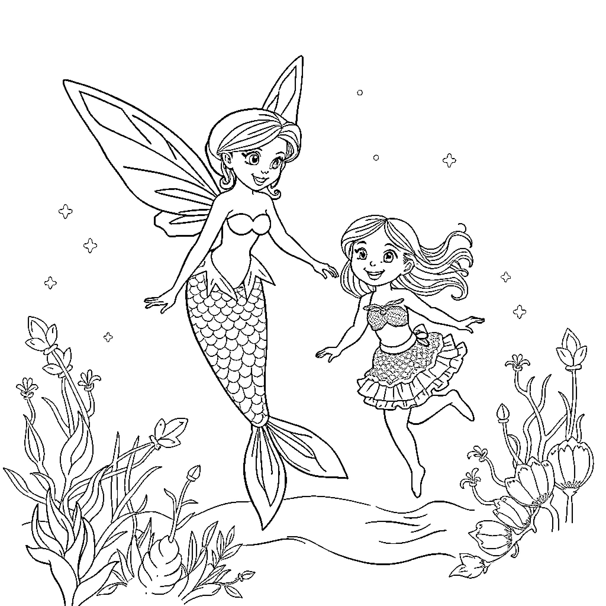 Mermaid and fairy swimming together in the ocean Coloring Page (free black-and-white line drawing printable PDF for all, from beginners to advanced learners, including children, teens, adults, and seniors)