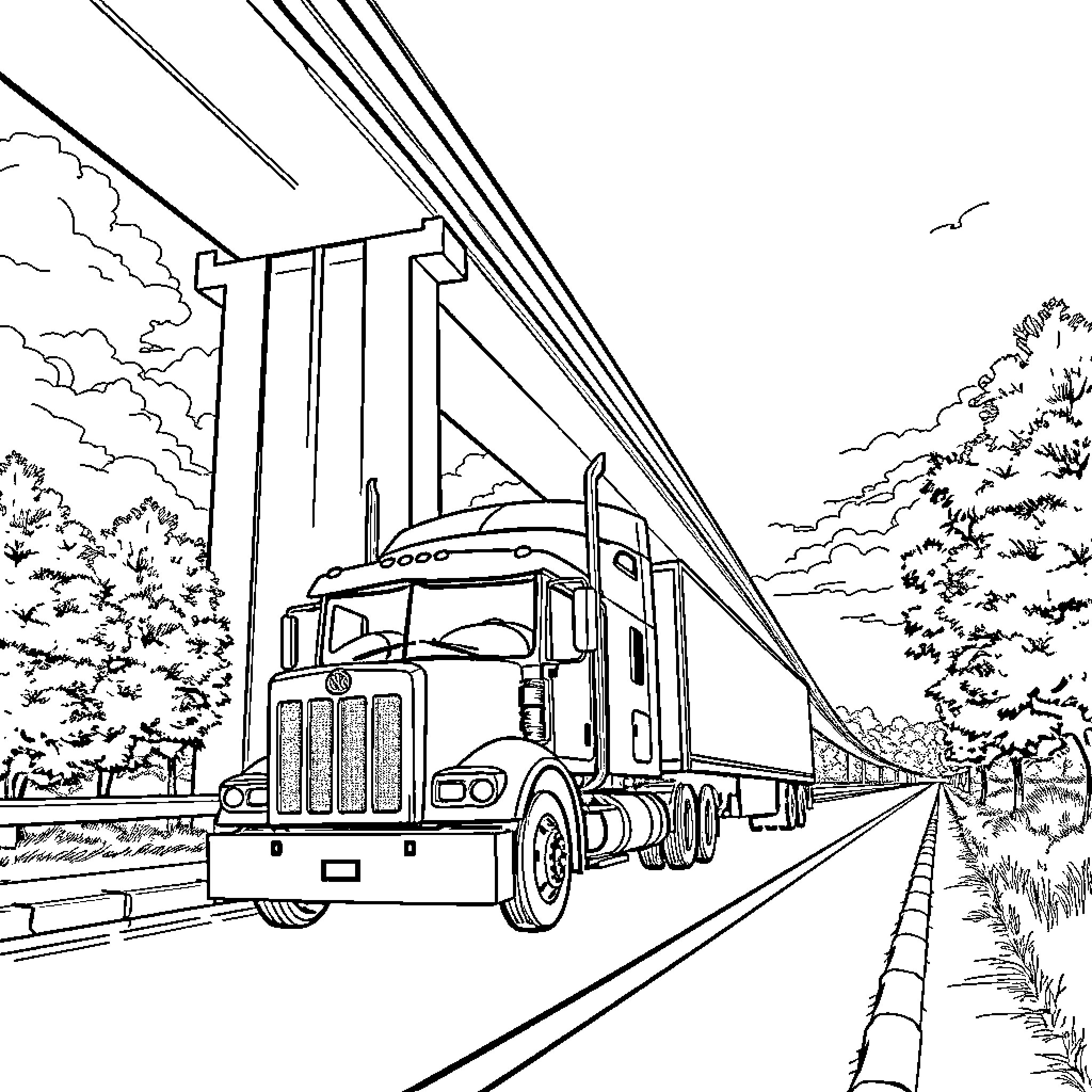 Lorry transporting cargo through scenic countryside Coloring Page (free black-and-white line drawing printable PDF for all, from beginners to advanced learners, including children, teens, adults, and seniors)