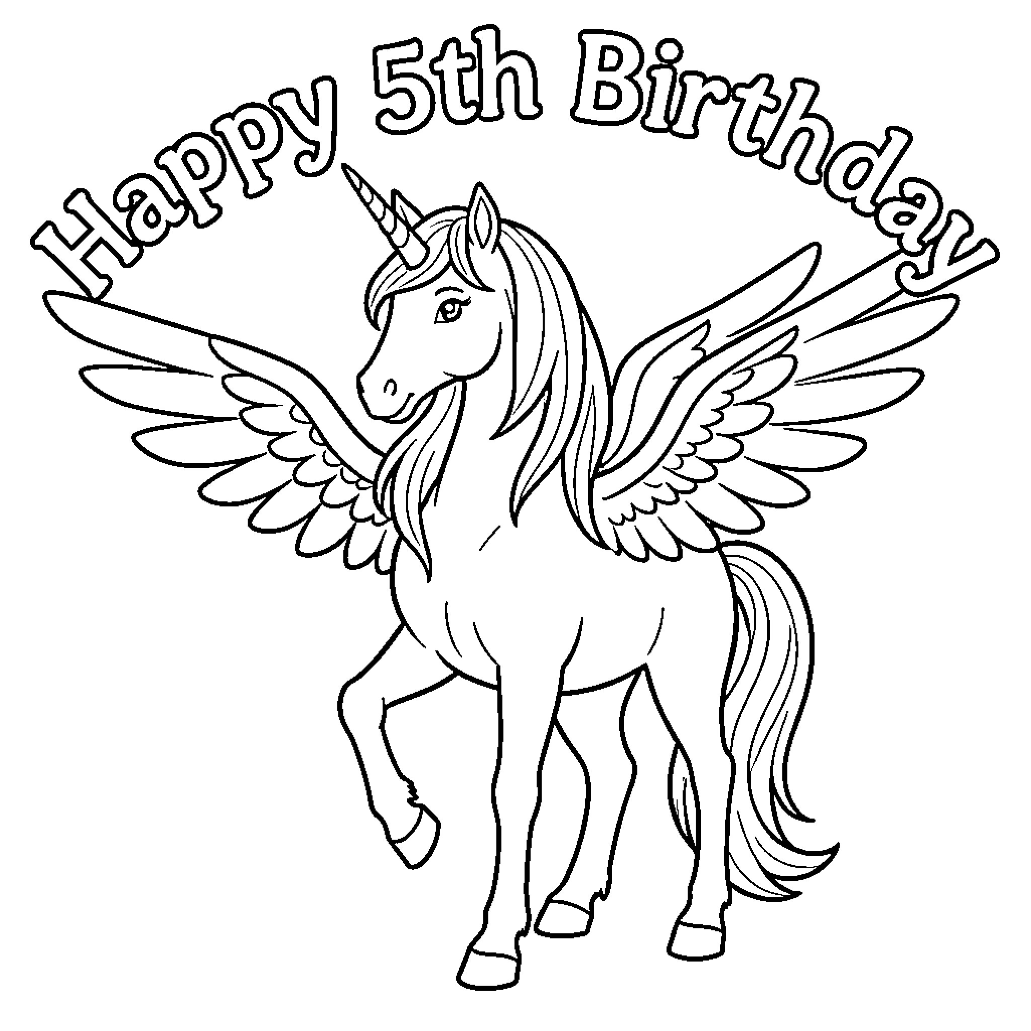 Unicorn with wings celebrating a fifth birthday Coloring Page (free black-and-white line drawing printable PDF for all, from beginners to advanced learners, including children, teens, adults, and seniors)