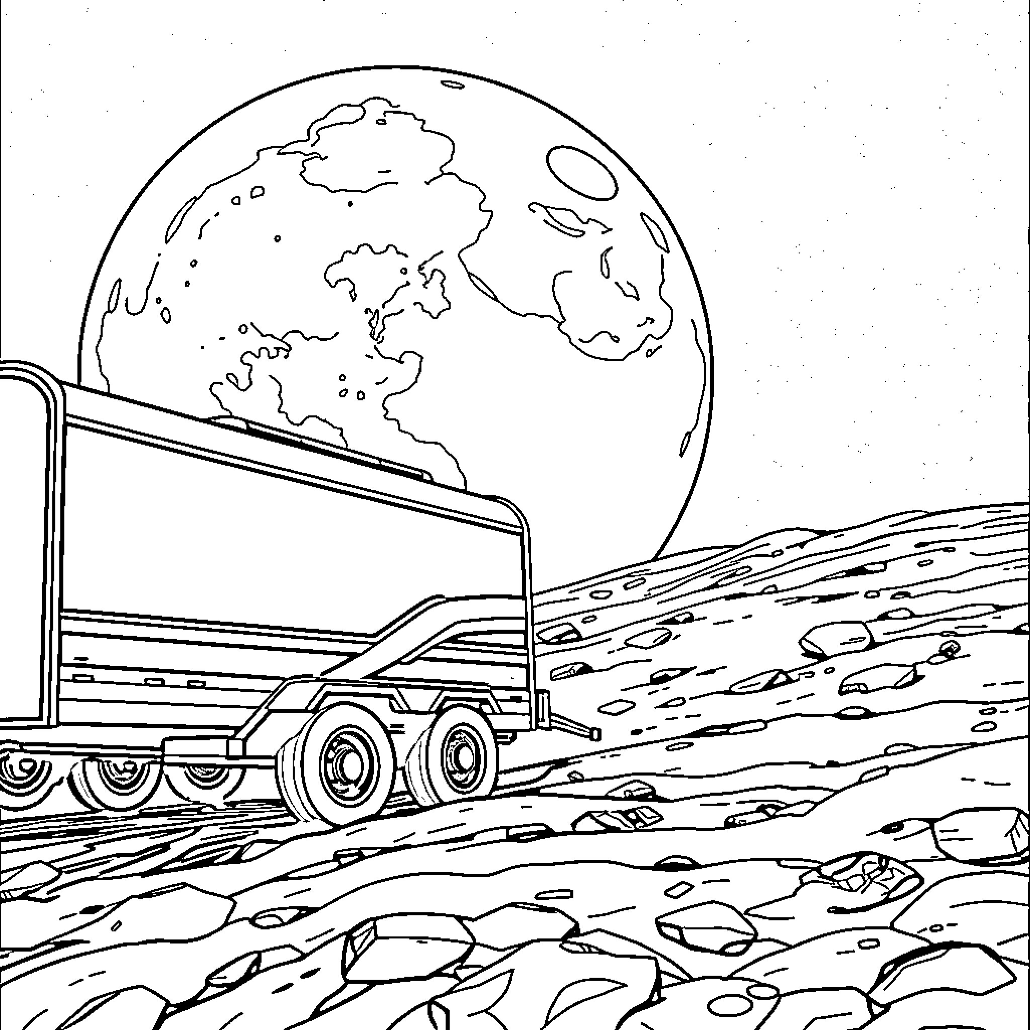 Trucker driving through rugged, remote terrain Coloring Page (free black-and-white line drawing printable PDF for all, from beginners to advanced learners, including children, teens, adults, and seniors)