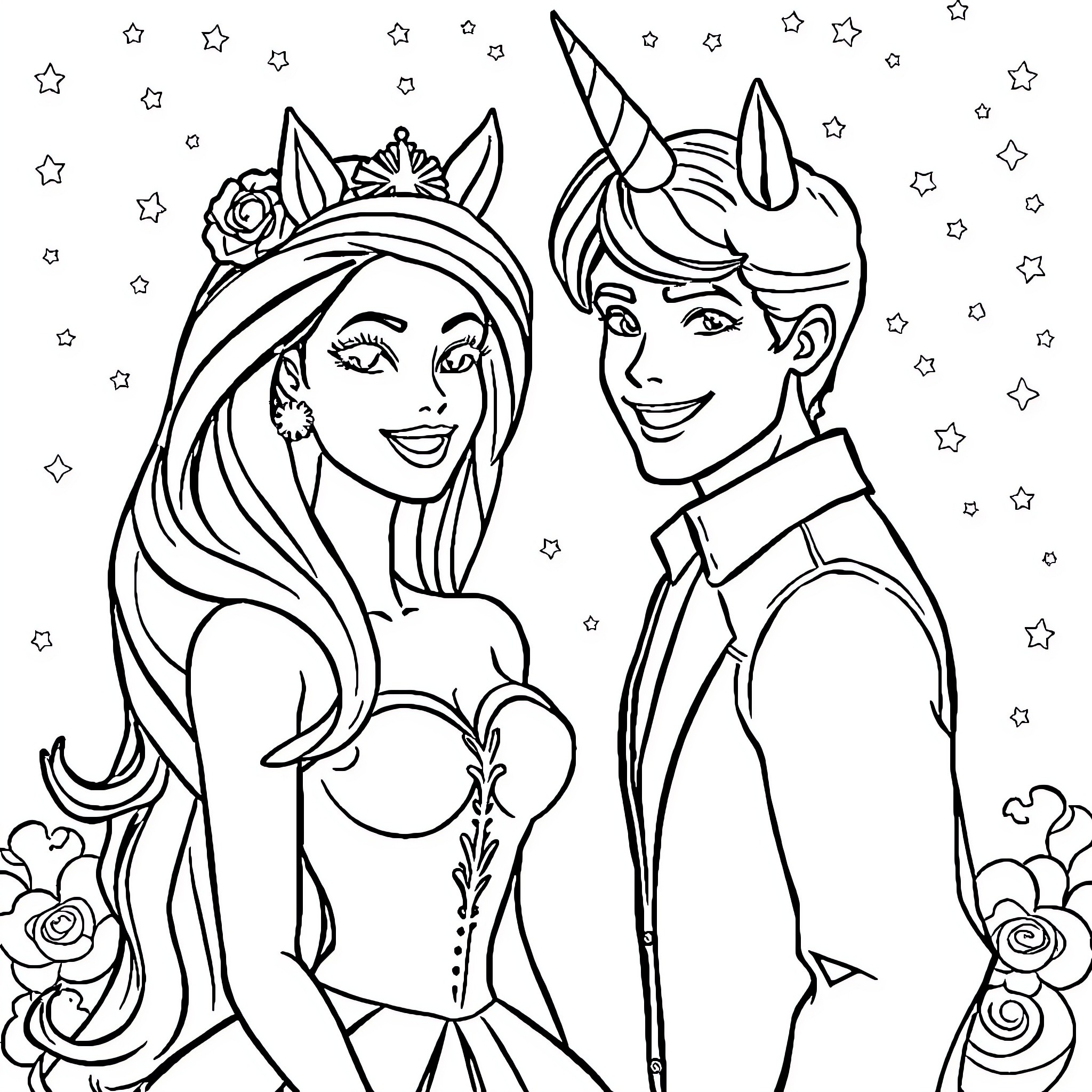 Unicorn-themed Fantasy Couple Embracing Coloring Page (free black-and-white line drawing printable PDF for all, from beginners to advanced learners, including children, teens, adults, and seniors)