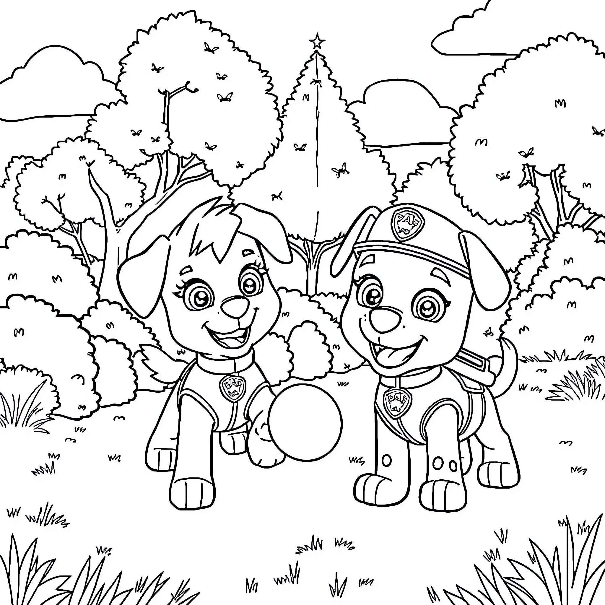 Paw Patrol pups exploring the forest Coloring Page (free black-and-white line drawing printable PDF for all, from beginners to advanced learners, including children, teens, adults, and seniors)