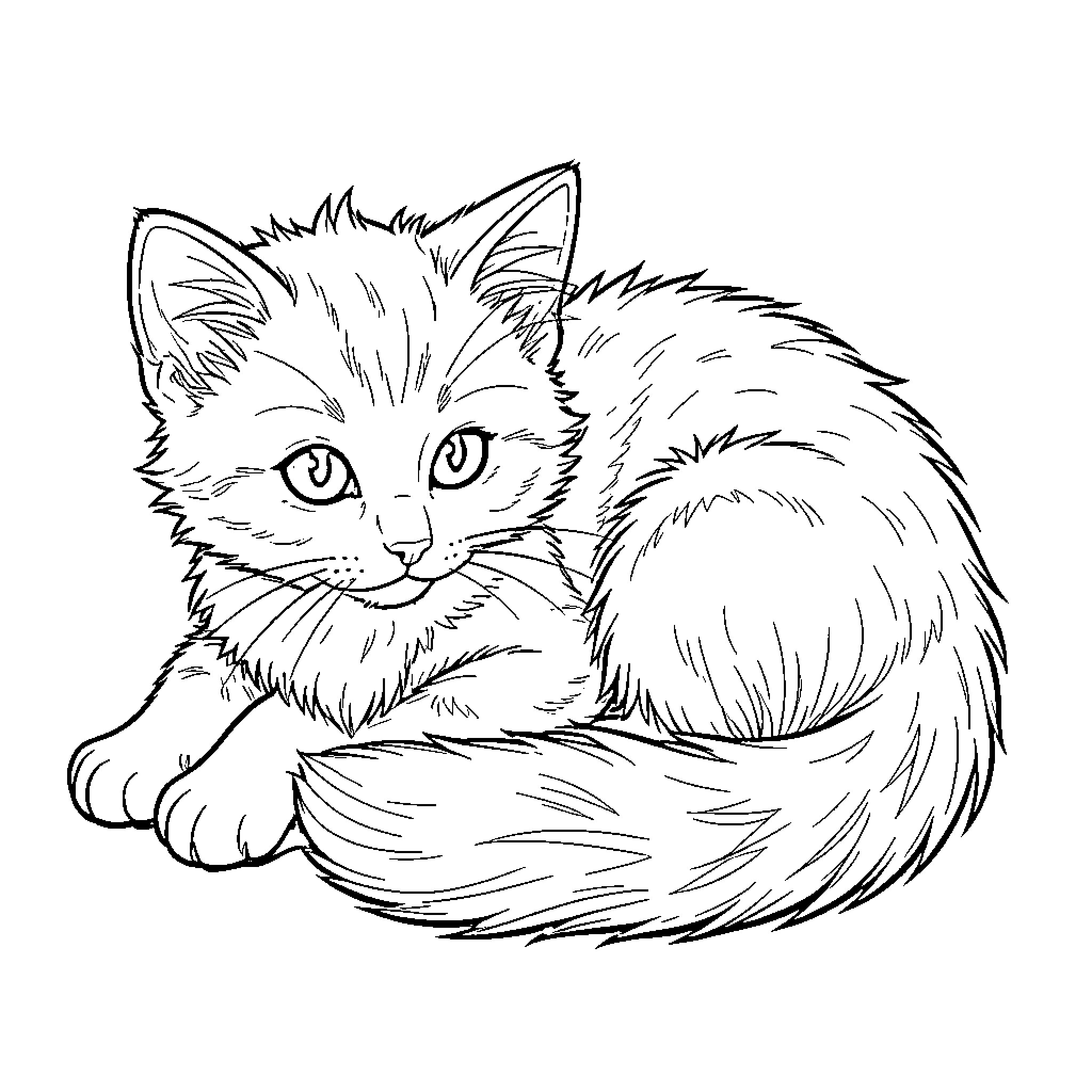 Long-Haired Cat lying down and looking forward Coloring Page (free black-and-white line drawing printable PDF for all, from beginners to advanced learners, including children, teens, adults, and seniors)