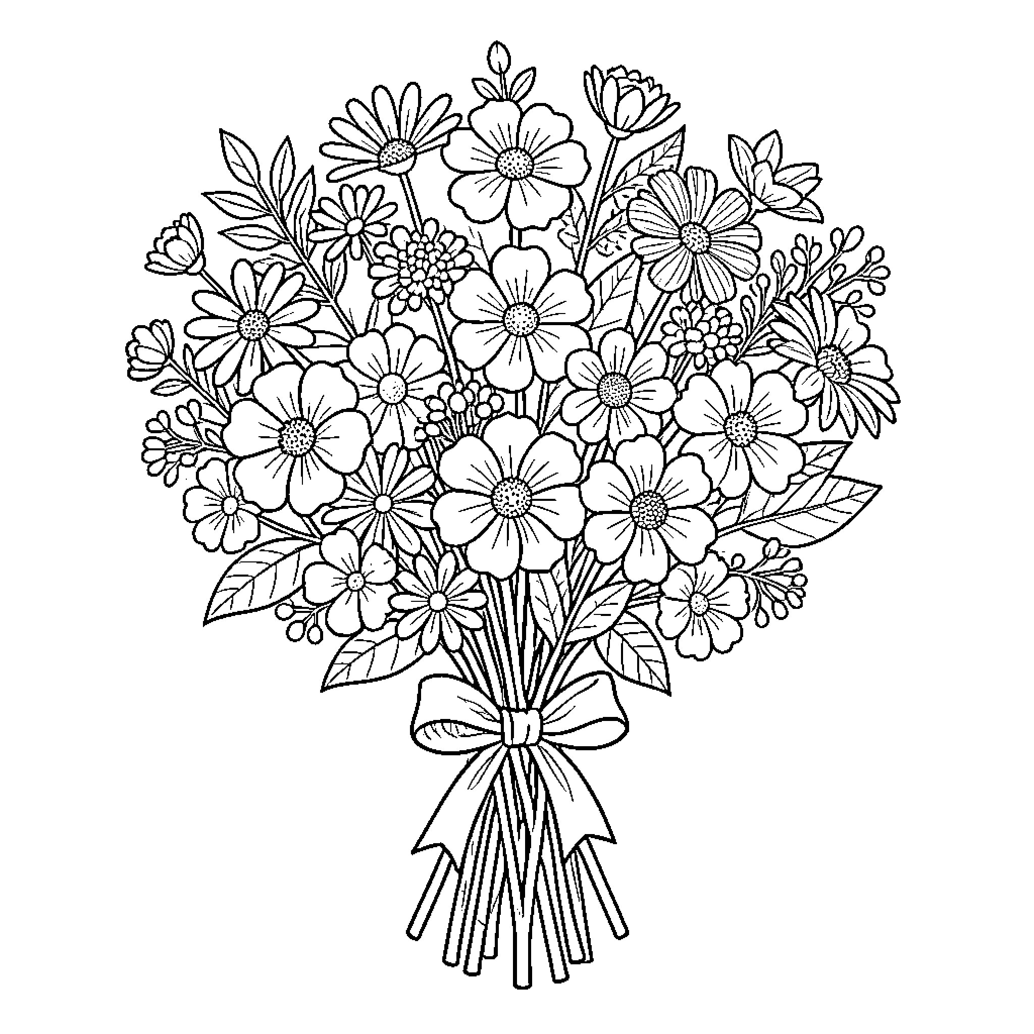 Flower bouquet tied with a beautiful ribbon Coloring Page (free black-and-white line drawing printable PDF for all, from beginners to advanced learners, including children, teens, adults, and seniors)