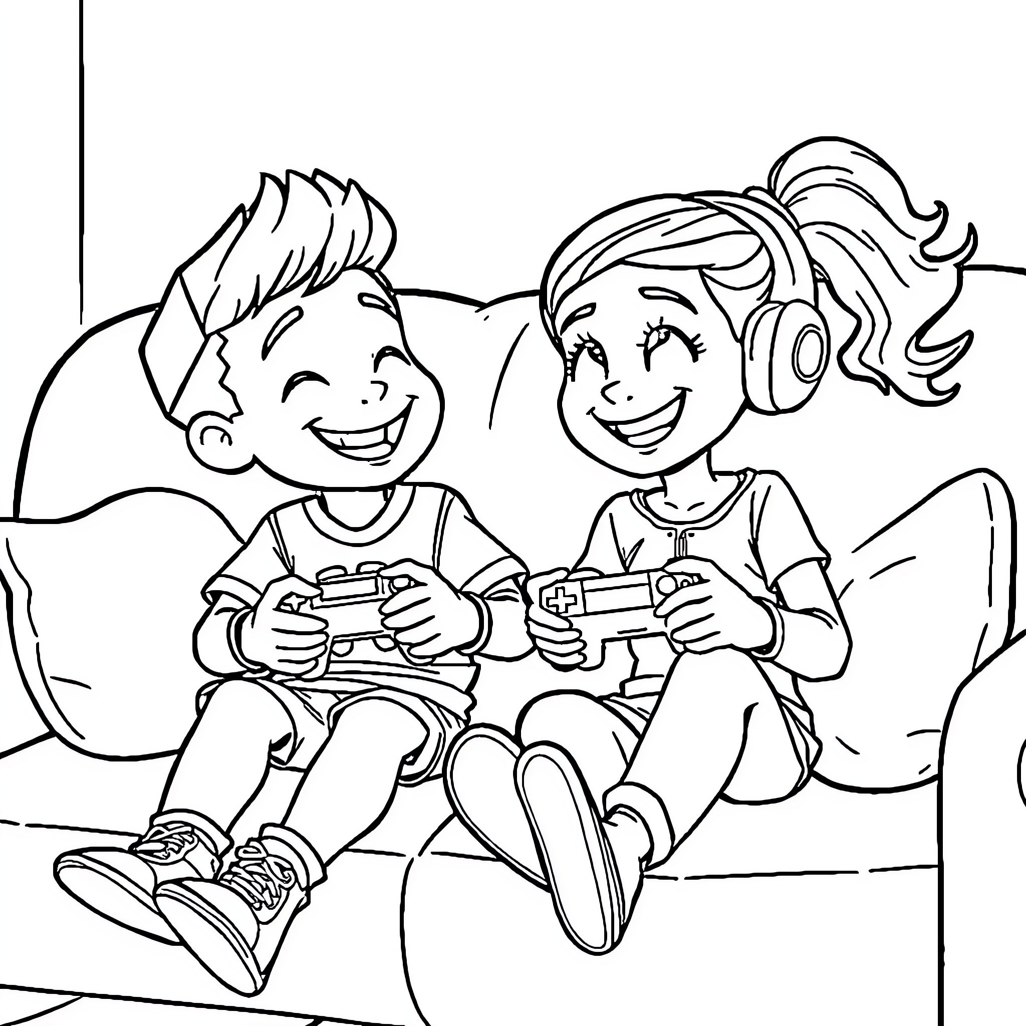 Marshall and friends gaming together happily Coloring Page (free black-and-white line drawing printable PDF for all, from beginners to advanced learners, including children, teens, adults, and seniors)