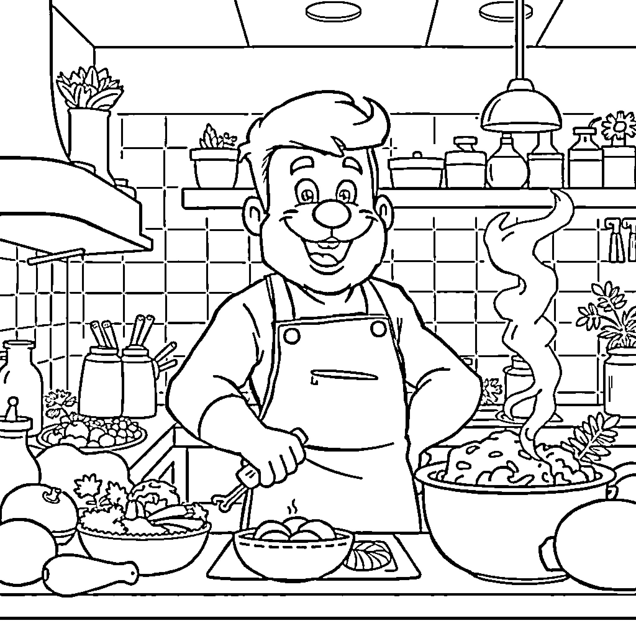 Superted cooking up a storm in the kitchen Coloring Page (free black-and-white line drawing printable PDF for all, from beginners to advanced learners, including children, teens, adults, and seniors)