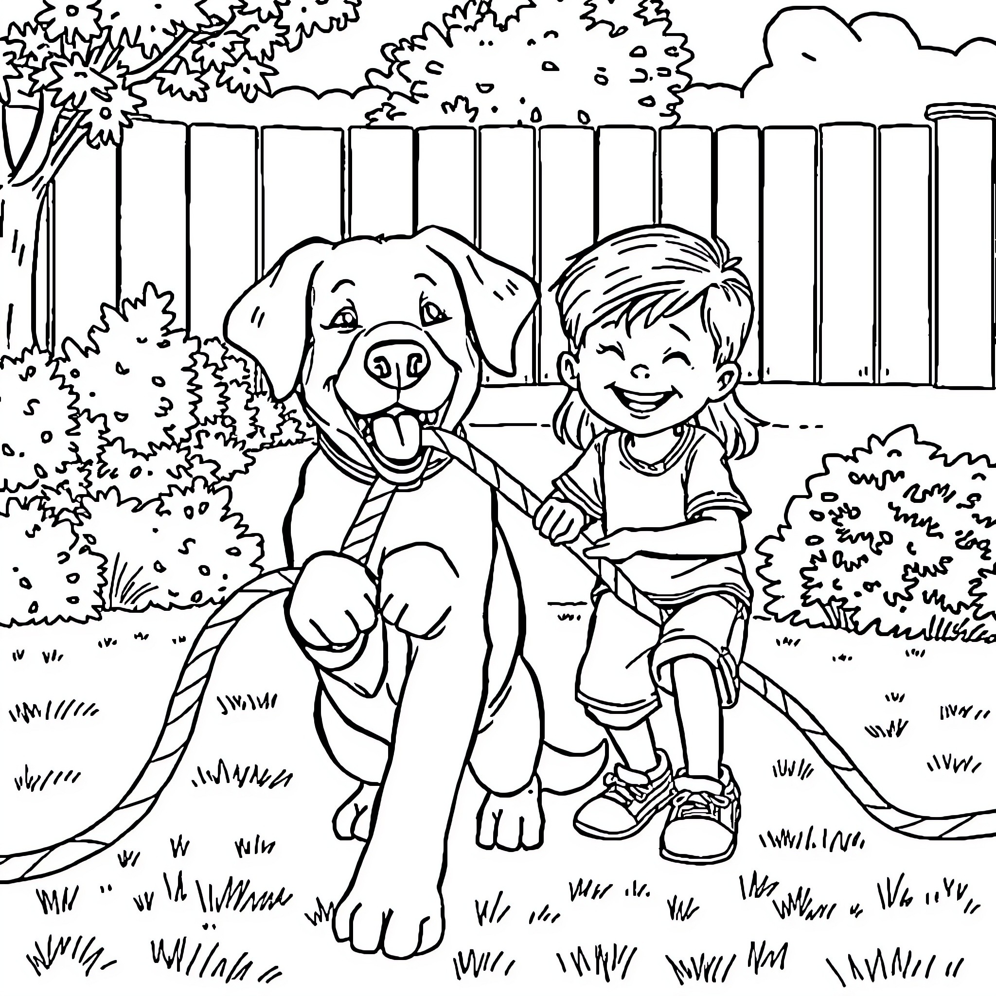 Dog playing happily with a young boy in the yard Coloring Page (free black-and-white line drawing printable PDF for all, from beginners to advanced learners, including children, teens, adults, and seniors)