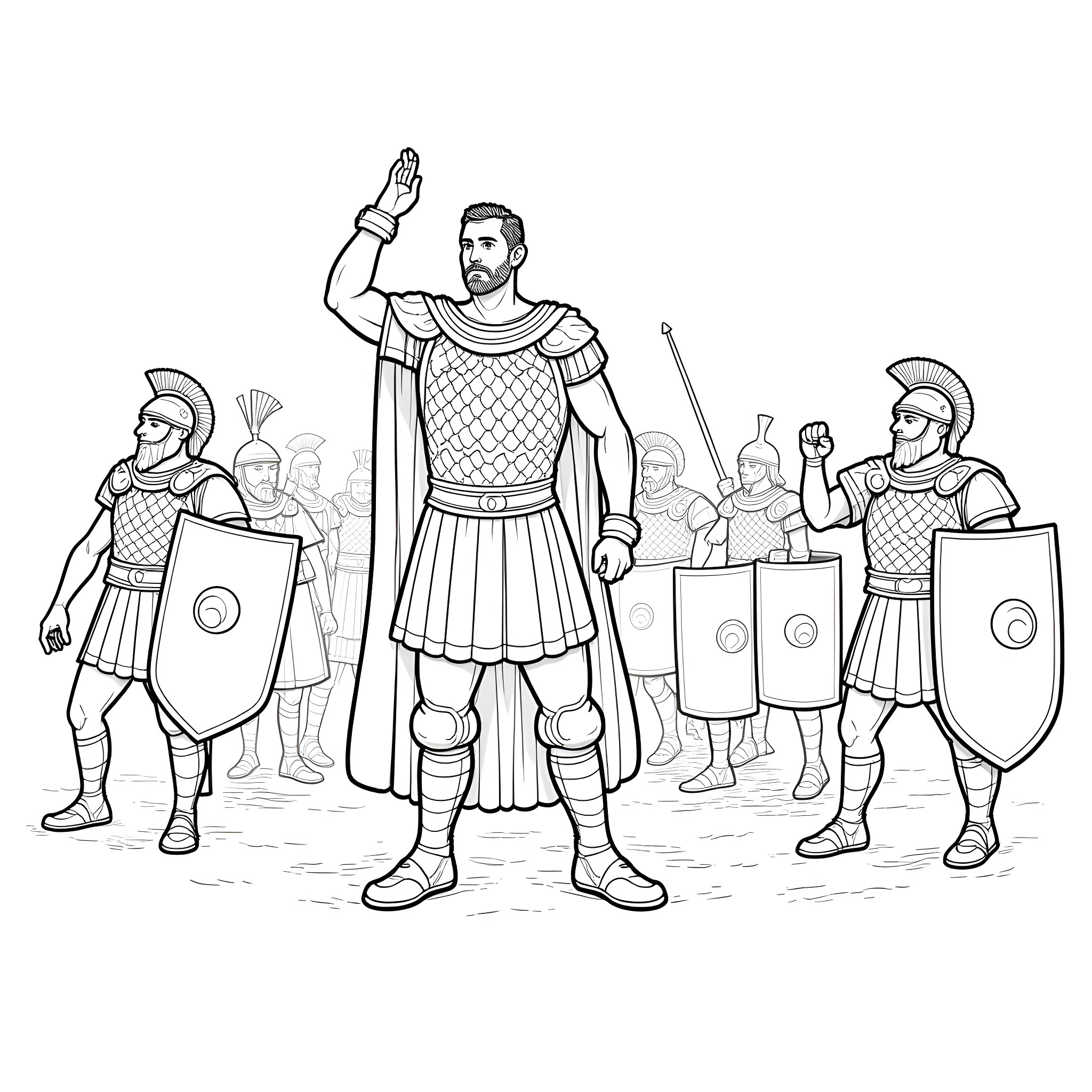 Mortimer Wheeler leading a group of ancient Roman soldiers Coloring Page (free black-and-white line drawing printable PDF for all, from beginners to advanced learners, including children, teens, adults, and seniors)