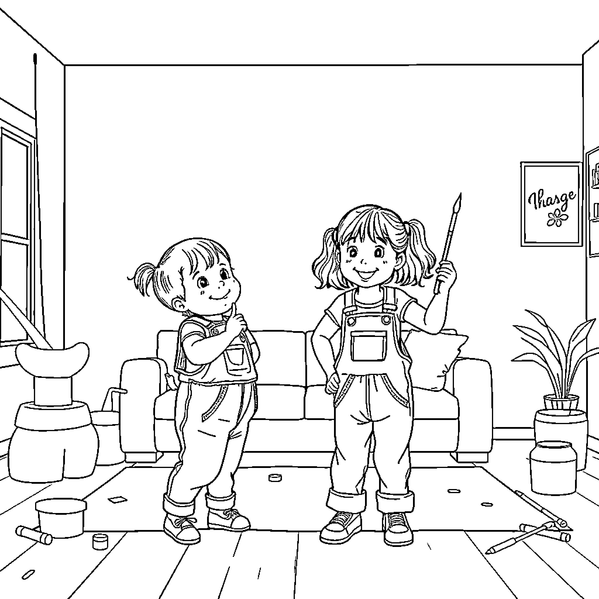 Girl and boy play with toys in living room Coloring Page (free black-and-white line drawing printable PDF for all, from beginners to advanced learners, including children, teens, adults, and seniors)