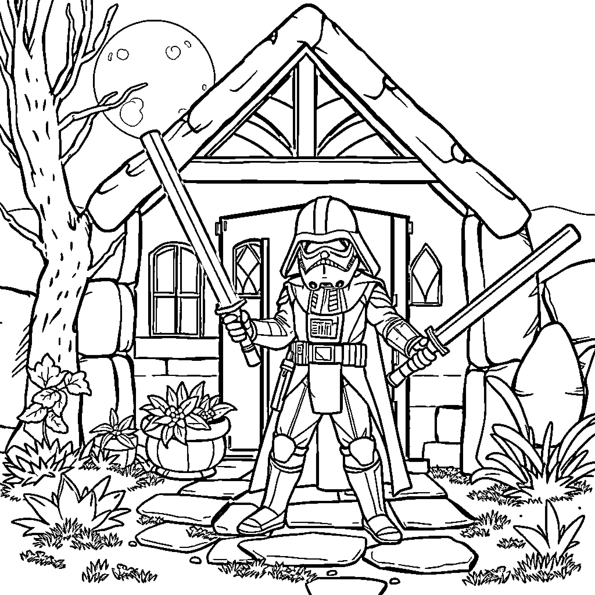 Star Wars Man in Galactic Combat Gear near Cabin Coloring Page (free black-and-white line drawing printable PDF for all, from beginners to advanced learners, including children, teens, adults, and seniors)