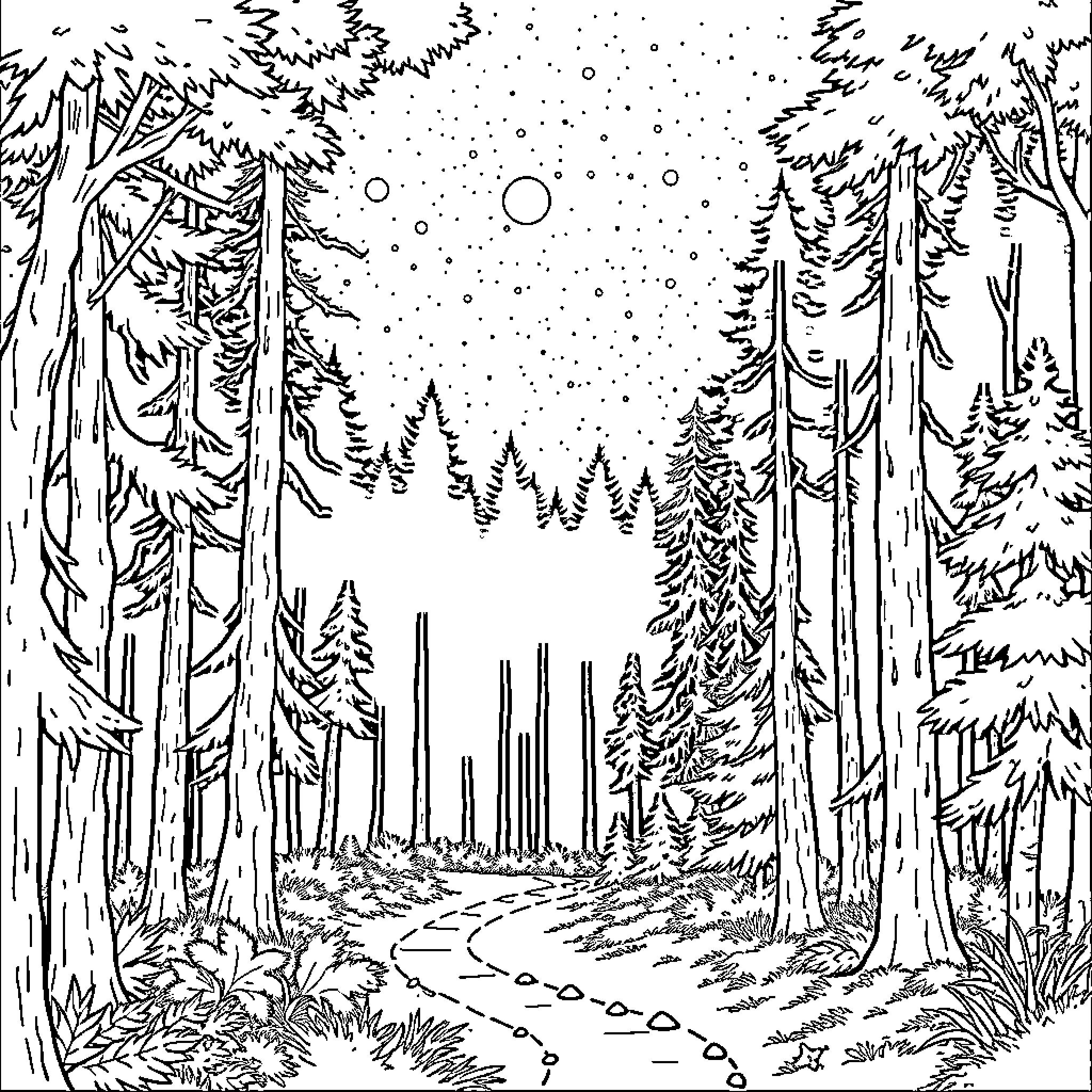 Forest landscape with snowy scene and trees Coloring Page (free black-and-white line drawing printable PDF for all, from beginners to advanced learners, including children, teens, adults, and seniors)